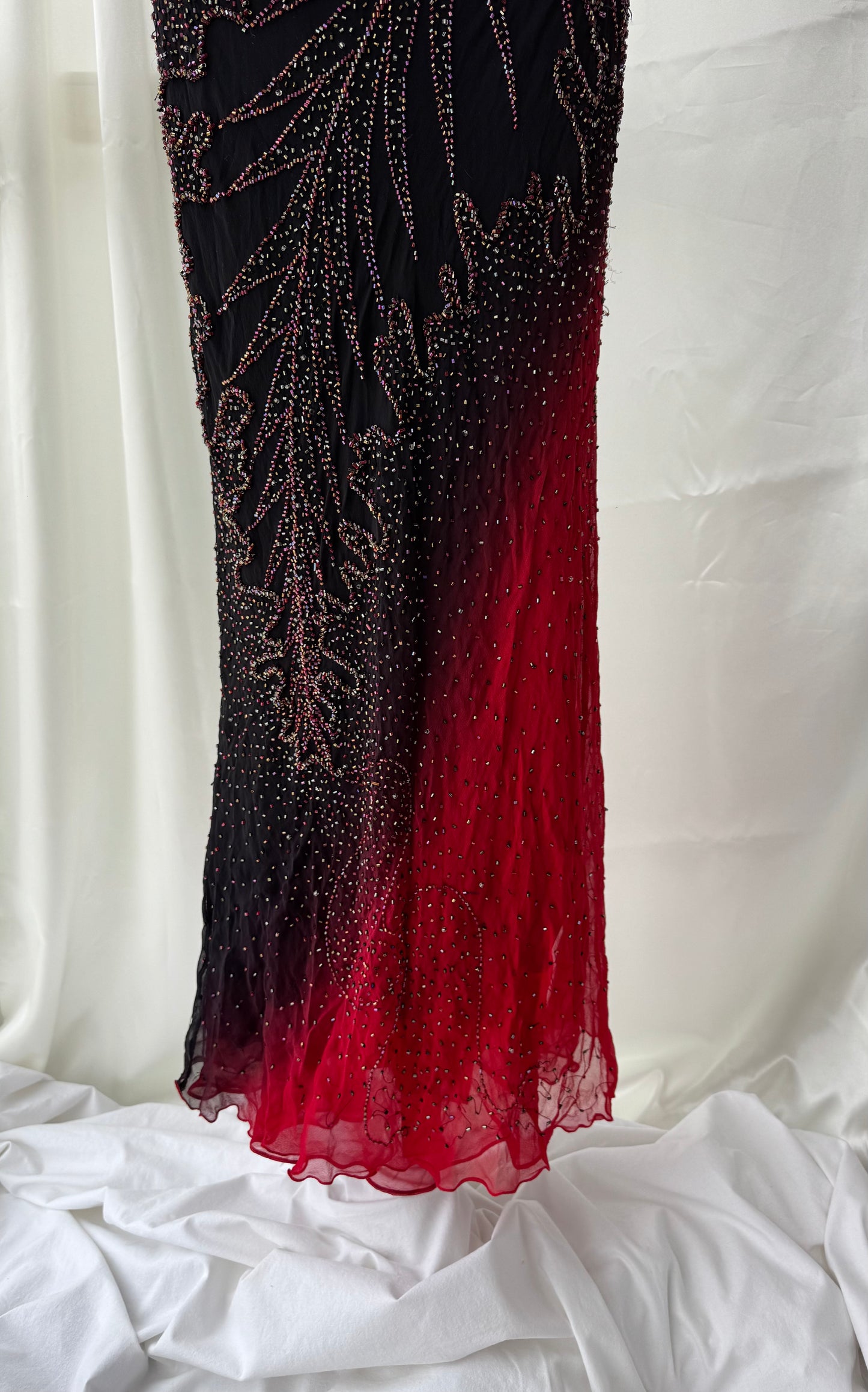 Long Black & Red Silk Beaded Vintage Dress