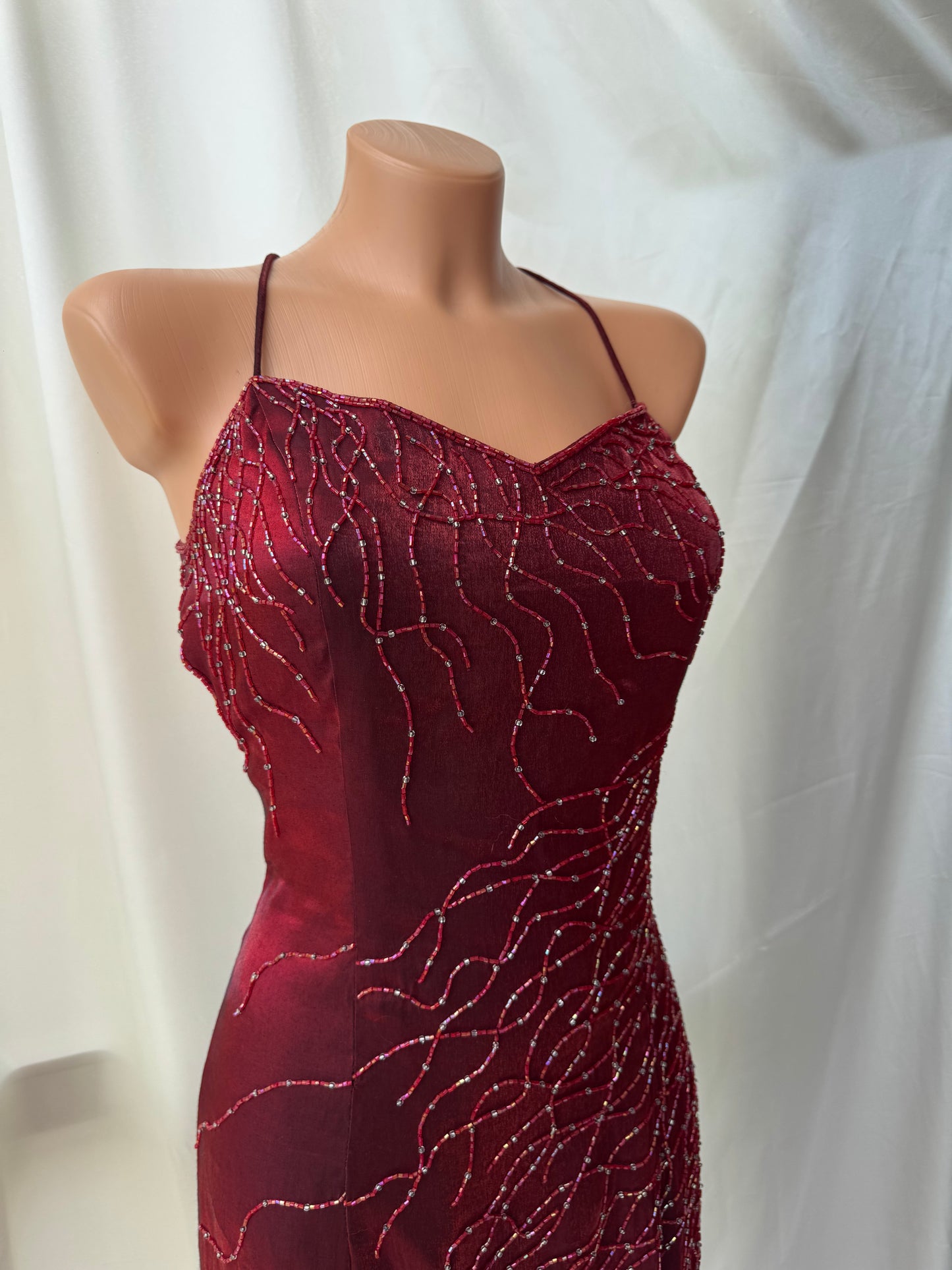 Red Flame Vampy Long Vintage Satin Beaded Gown