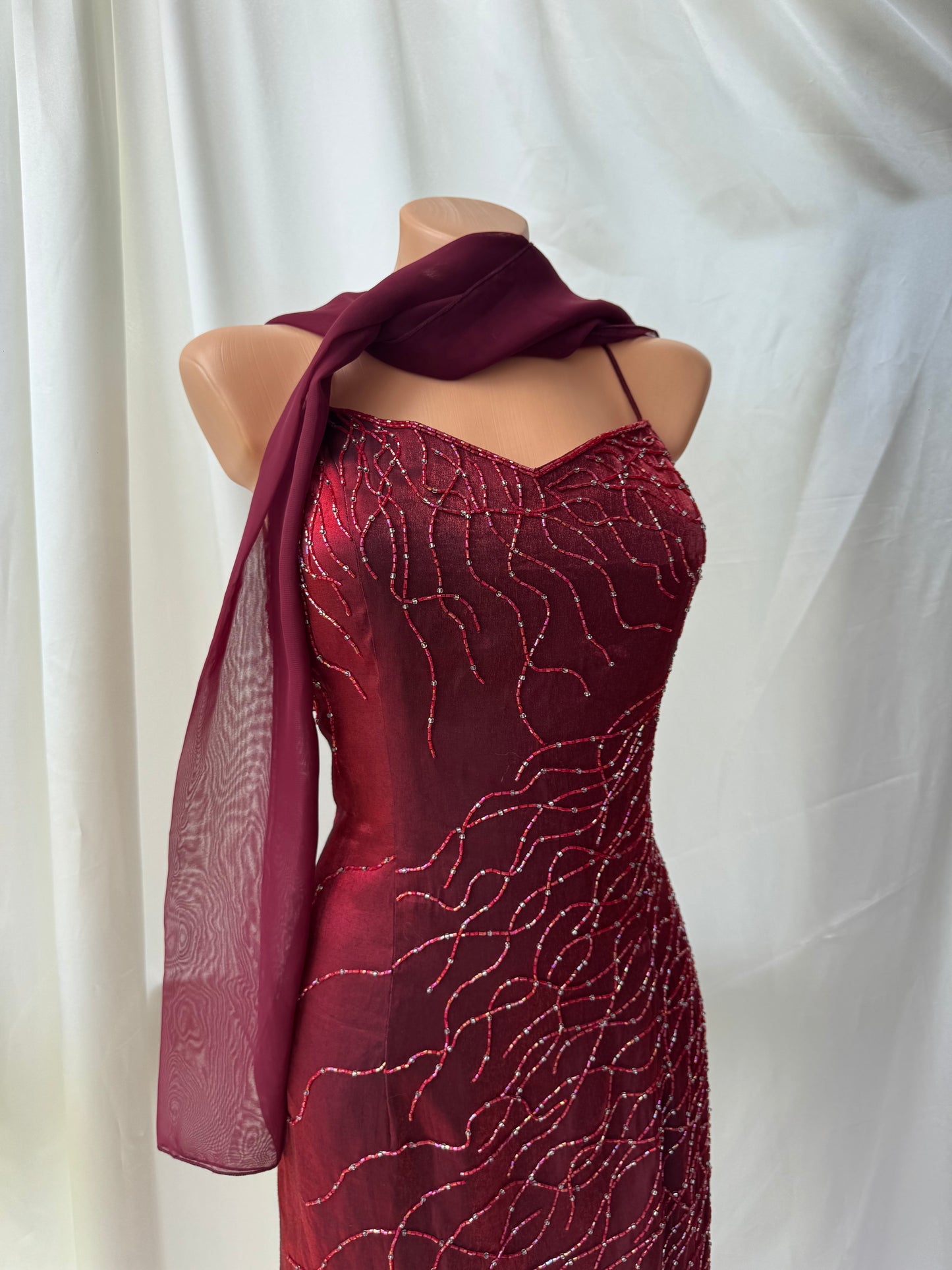 Red Flame Vampy Long Vintage Satin Beaded Gown