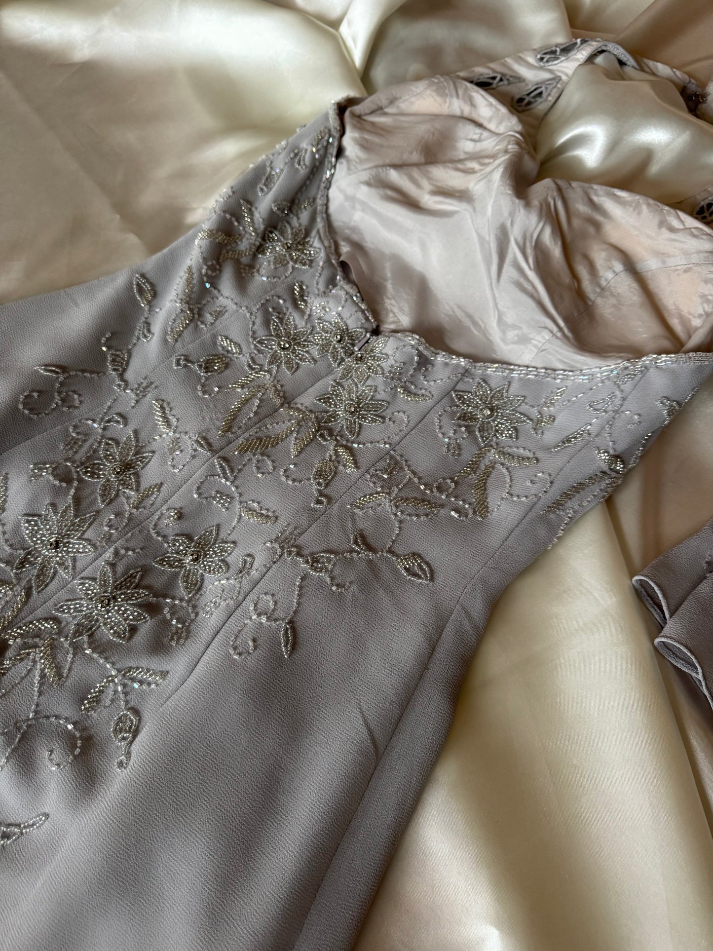 Gorgeous Gray Beaded Floral Vintage Royal Gown