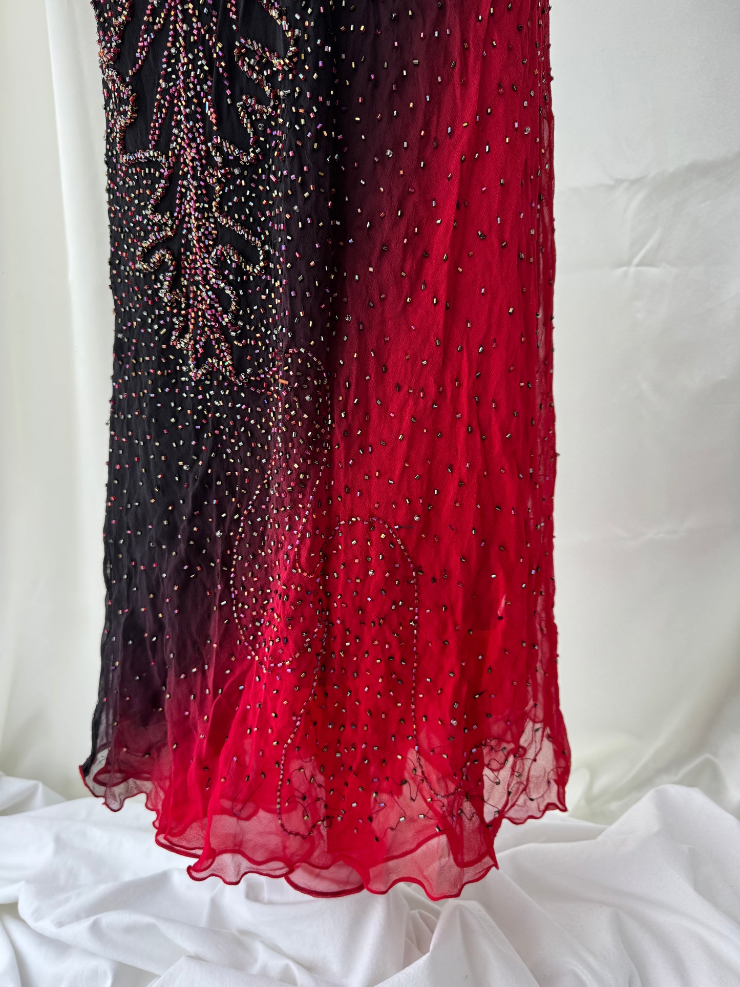 Long Black & Red Silk Beaded Vintage Dress