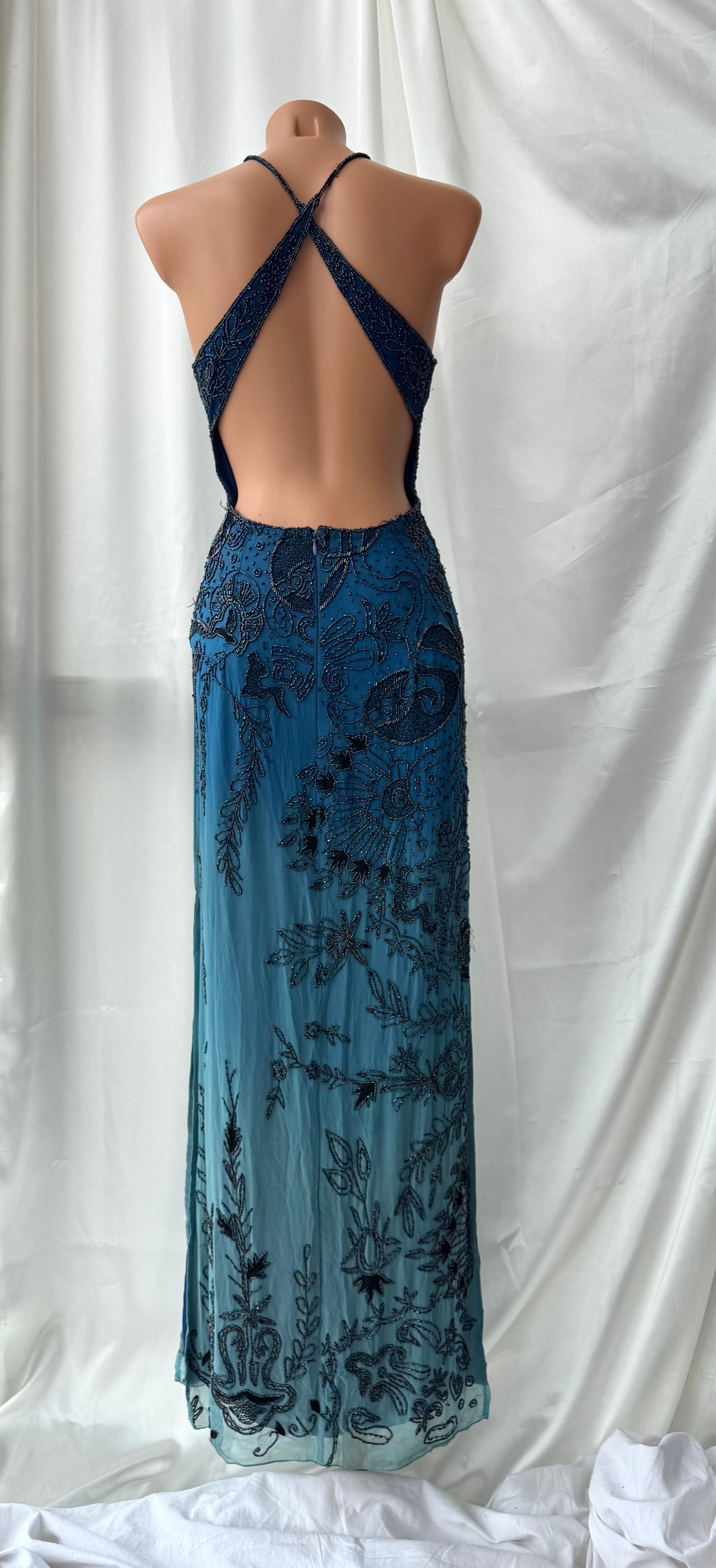 Spectacular Blue Maxi Silk Beaded Vintage Dress