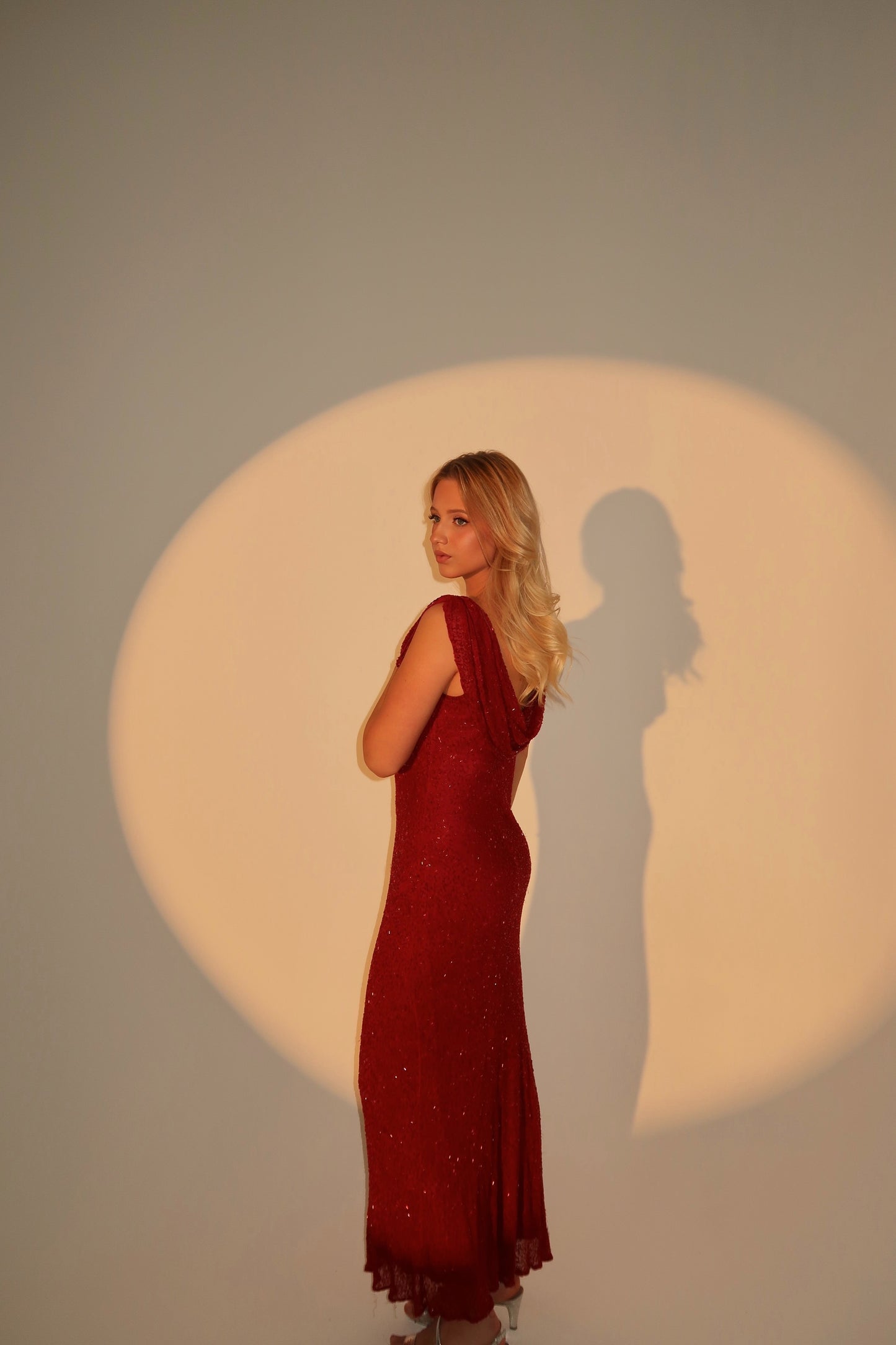 Vintage Long Red Beaded Cowl Neck Dress