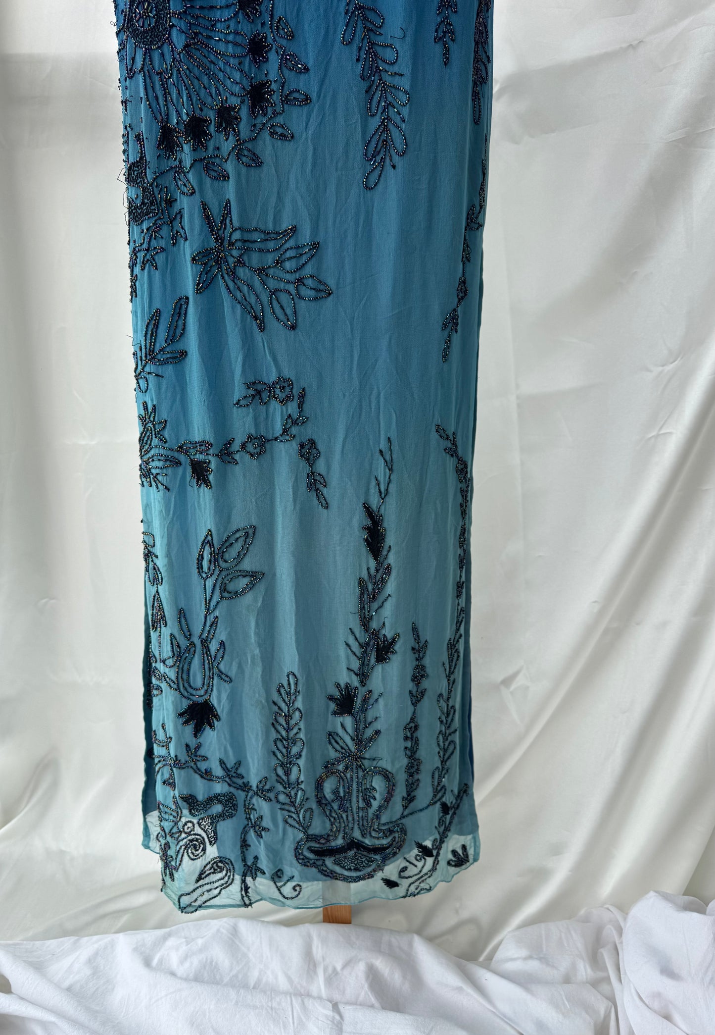 Spectacular Blue Maxi Silk Beaded Vintage Dress