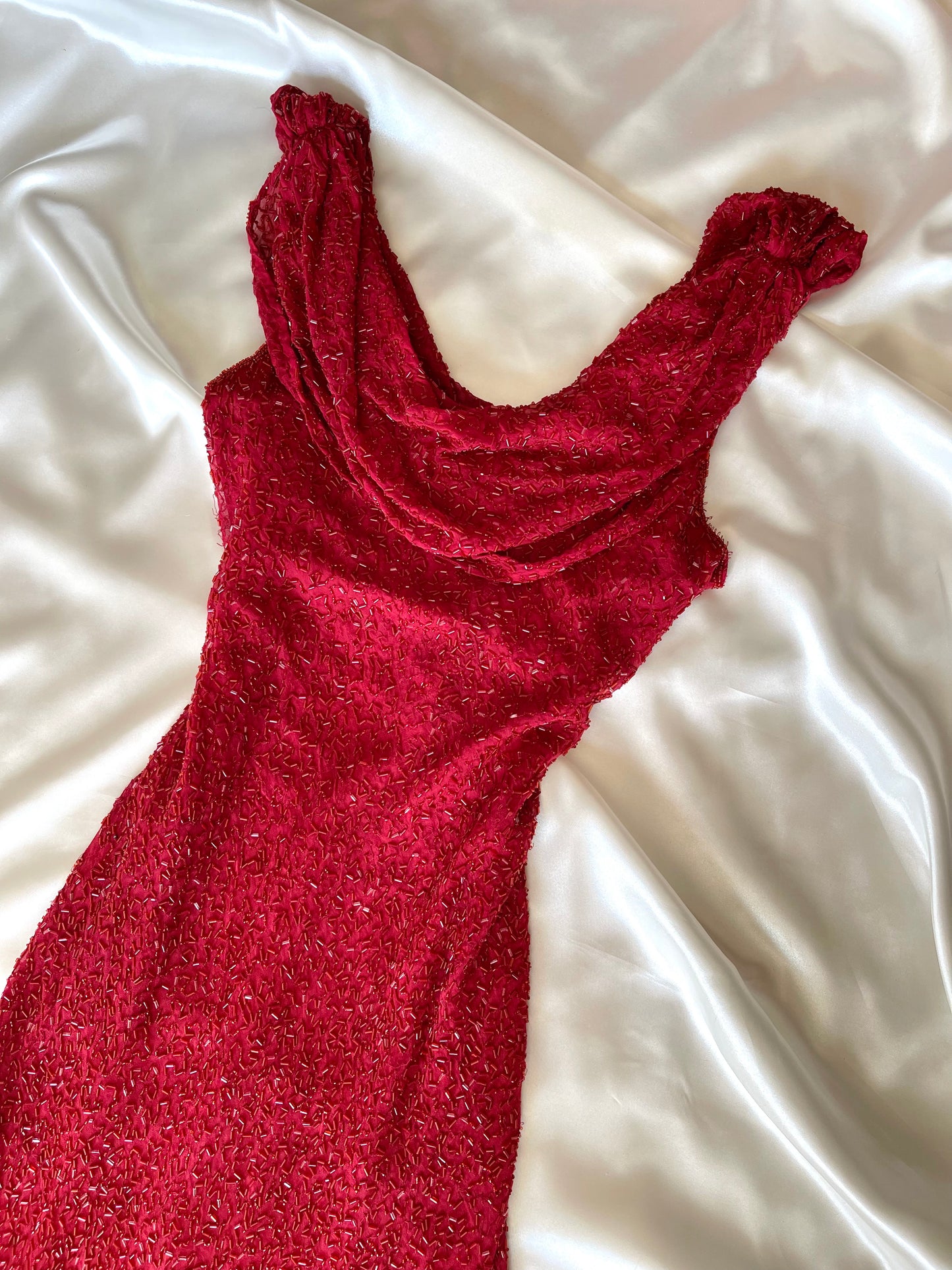 Vintage Long Red Beaded Cowl Neck Dress