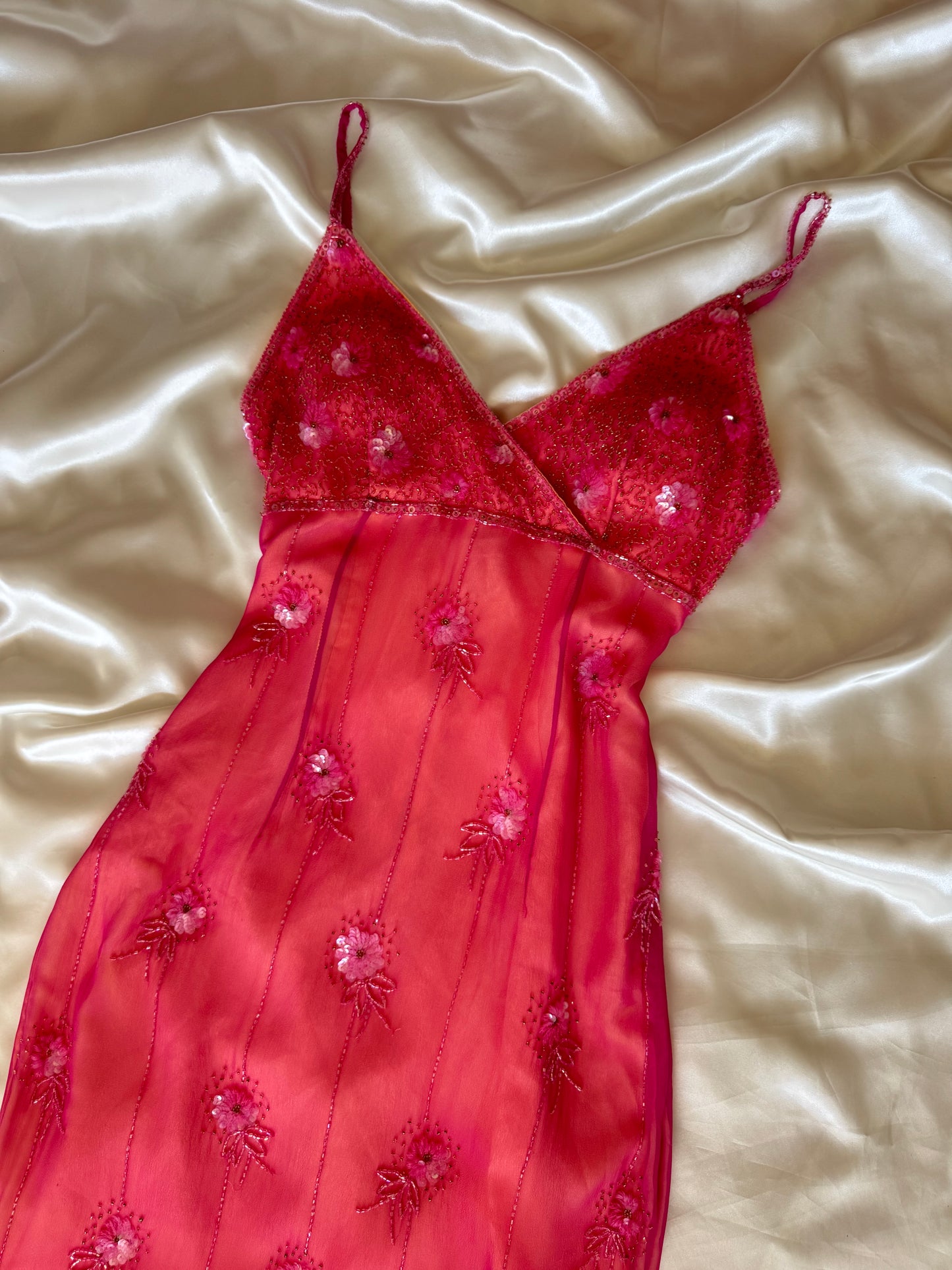 Stunning Beaded Vintage Pink Flower Silk Dress