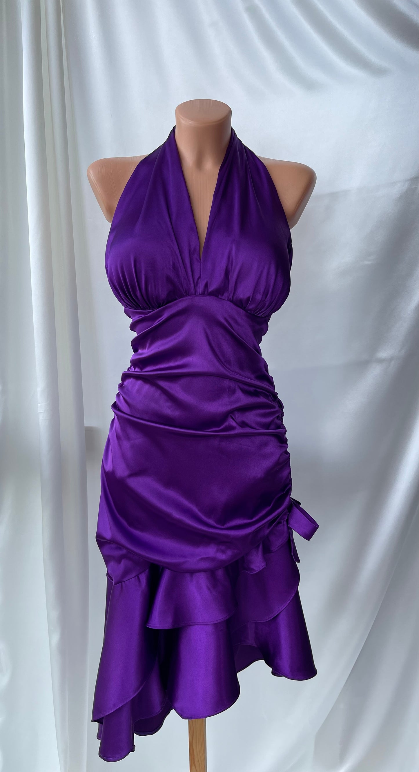 Beautiful Purple Satin Side Rutched Vintage Dress