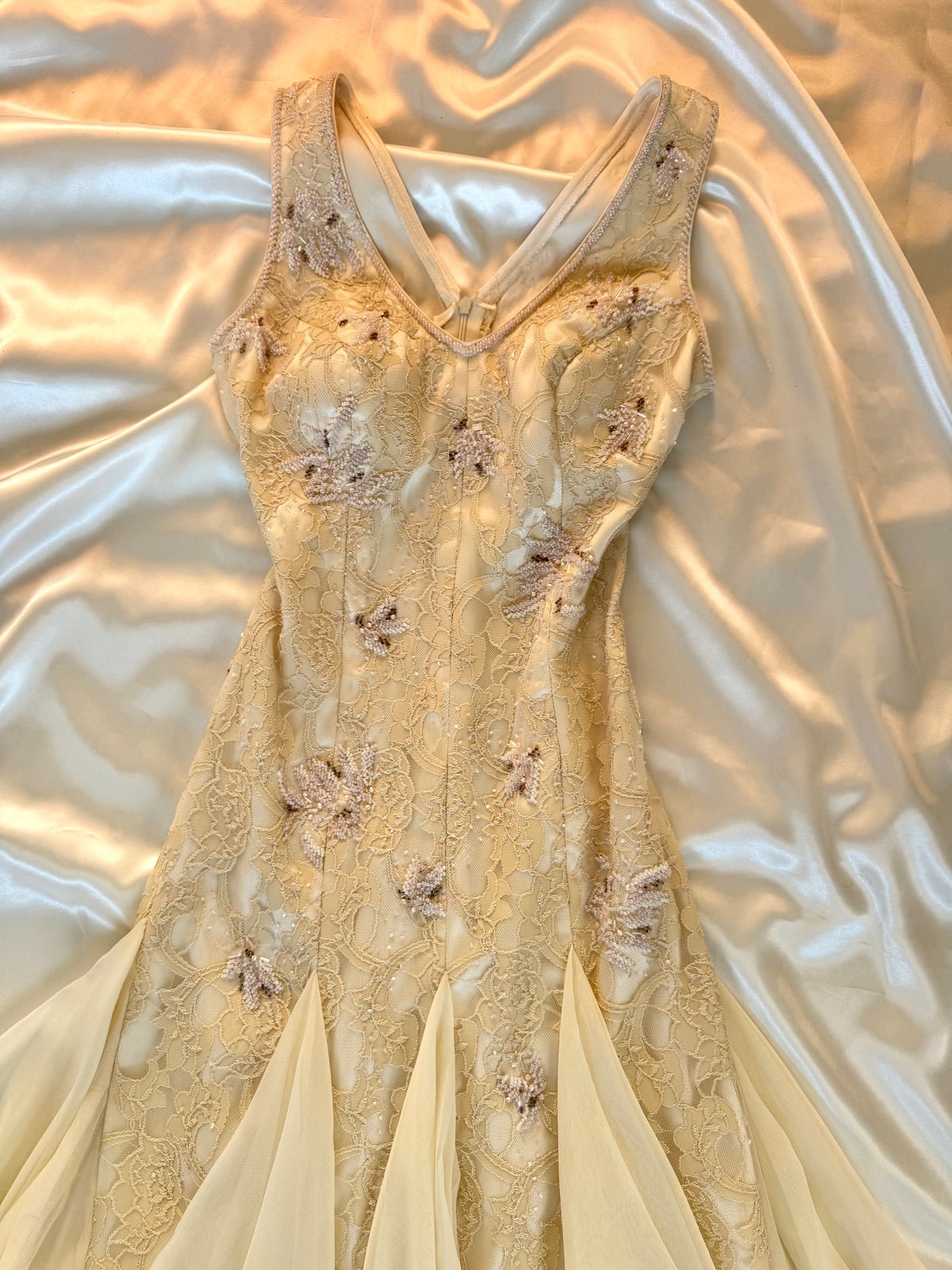 Cream Beaded Vintage Ruffle Dress