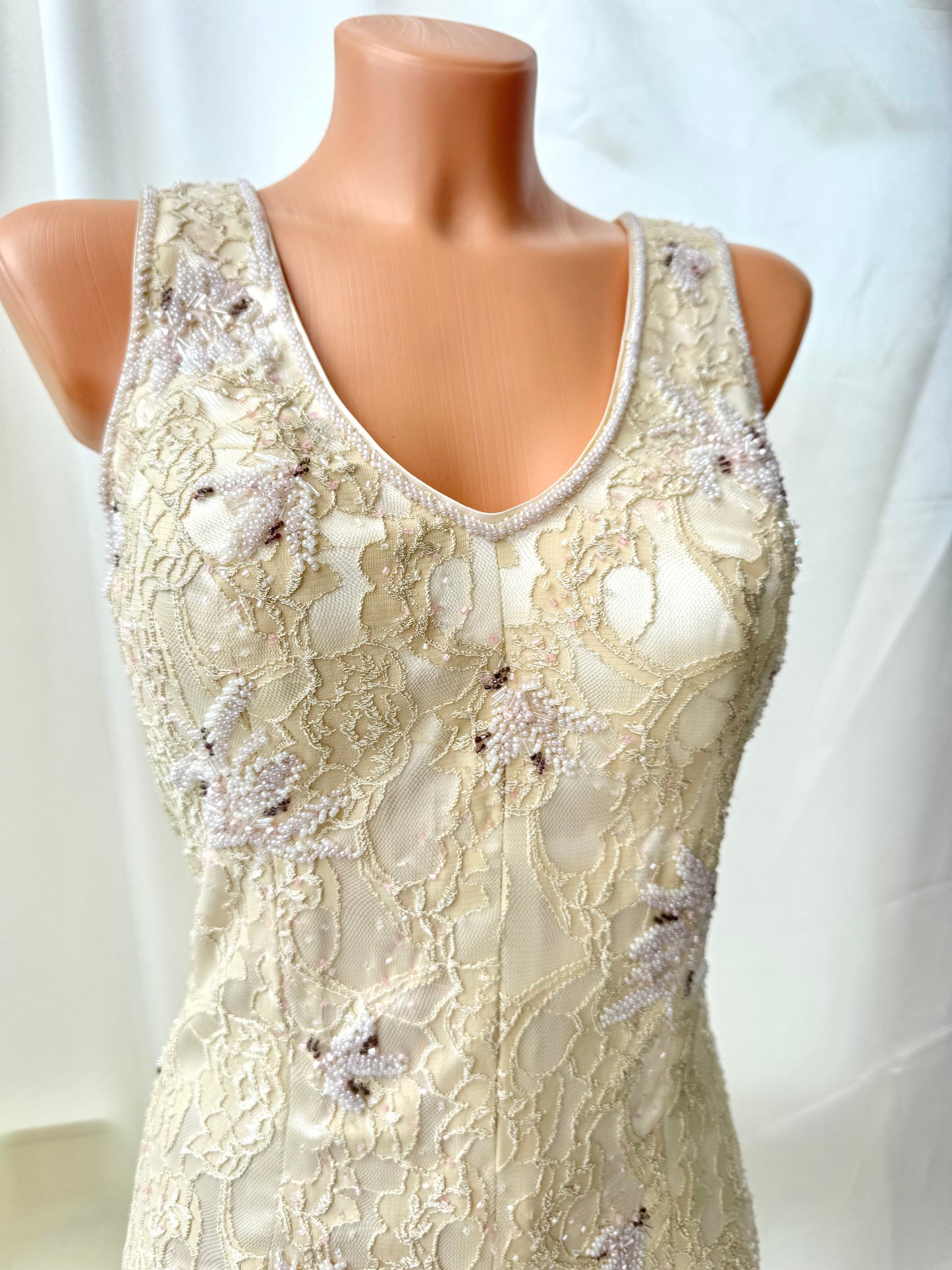 Cream Beaded Vintage Ruffle Dress