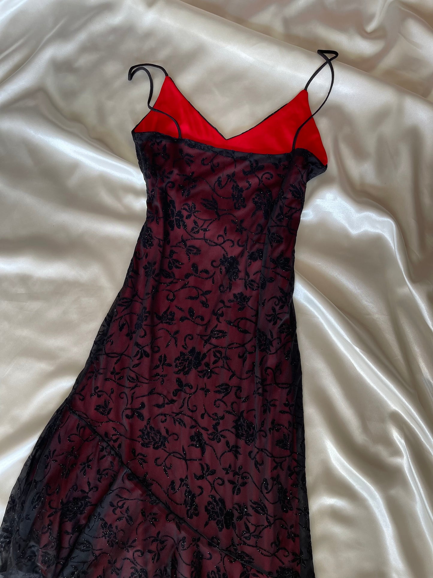 Red & Black Floral Sparkly Velvet Gothic Vintage Dress