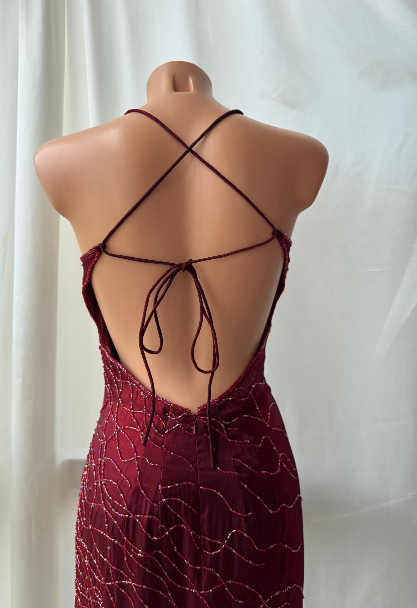 Red Flame Vampy Long Vintage Satin Beaded Gown