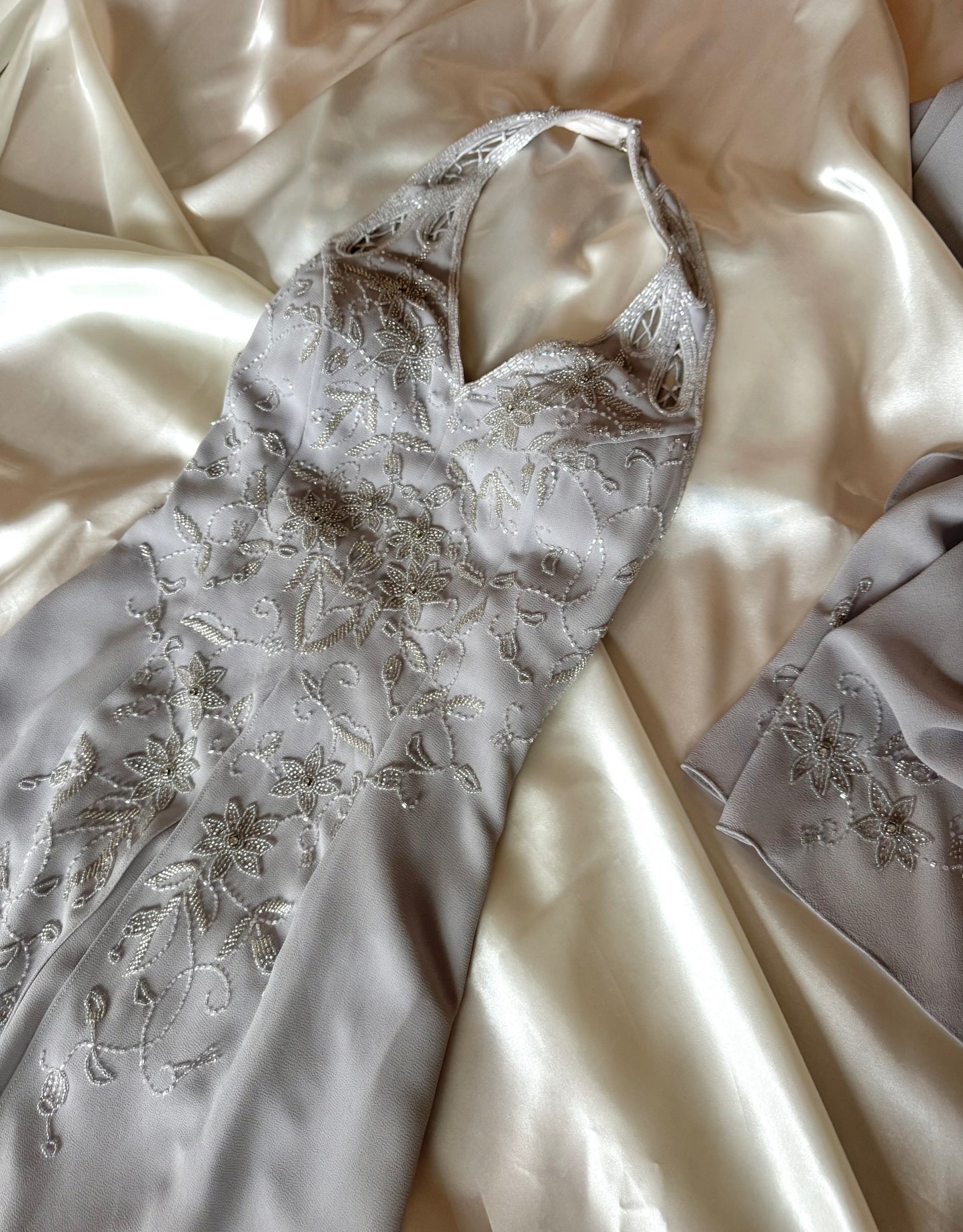 Gorgeous Gray Beaded Floral Vintage Royal Gown