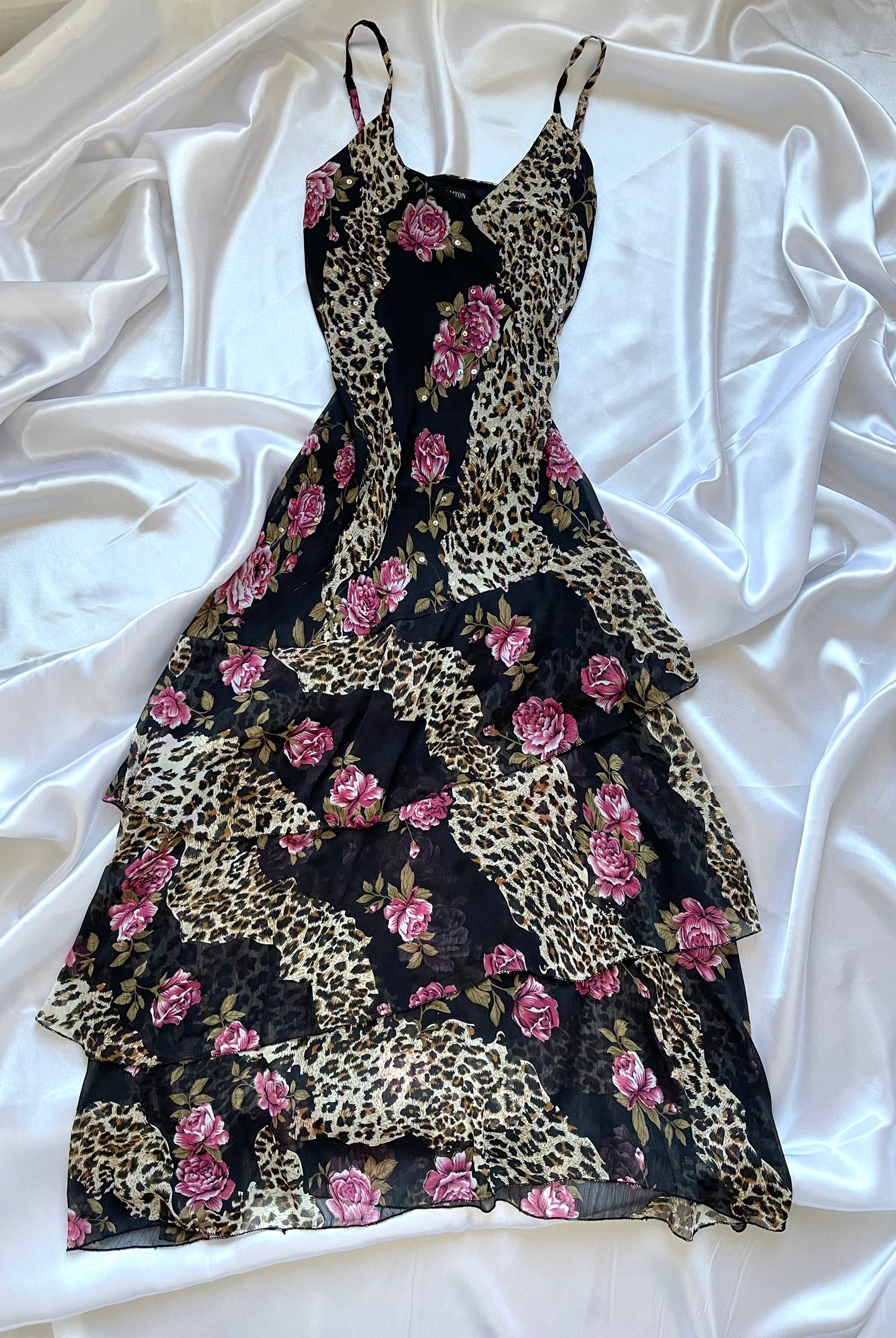 Beautiful Leopard & Flower Pattern Vintage Black Dress