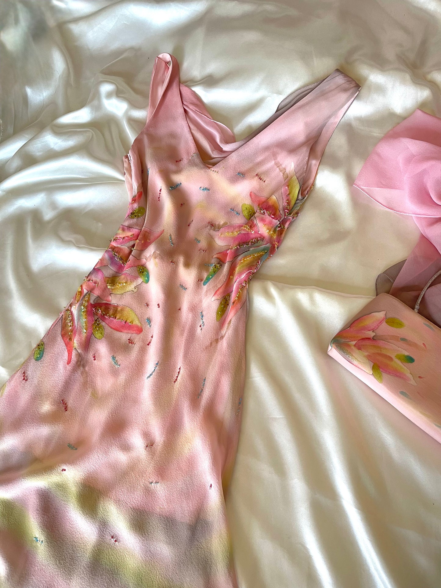 Spectacular Pink & Yellow Beaded Silk Dress