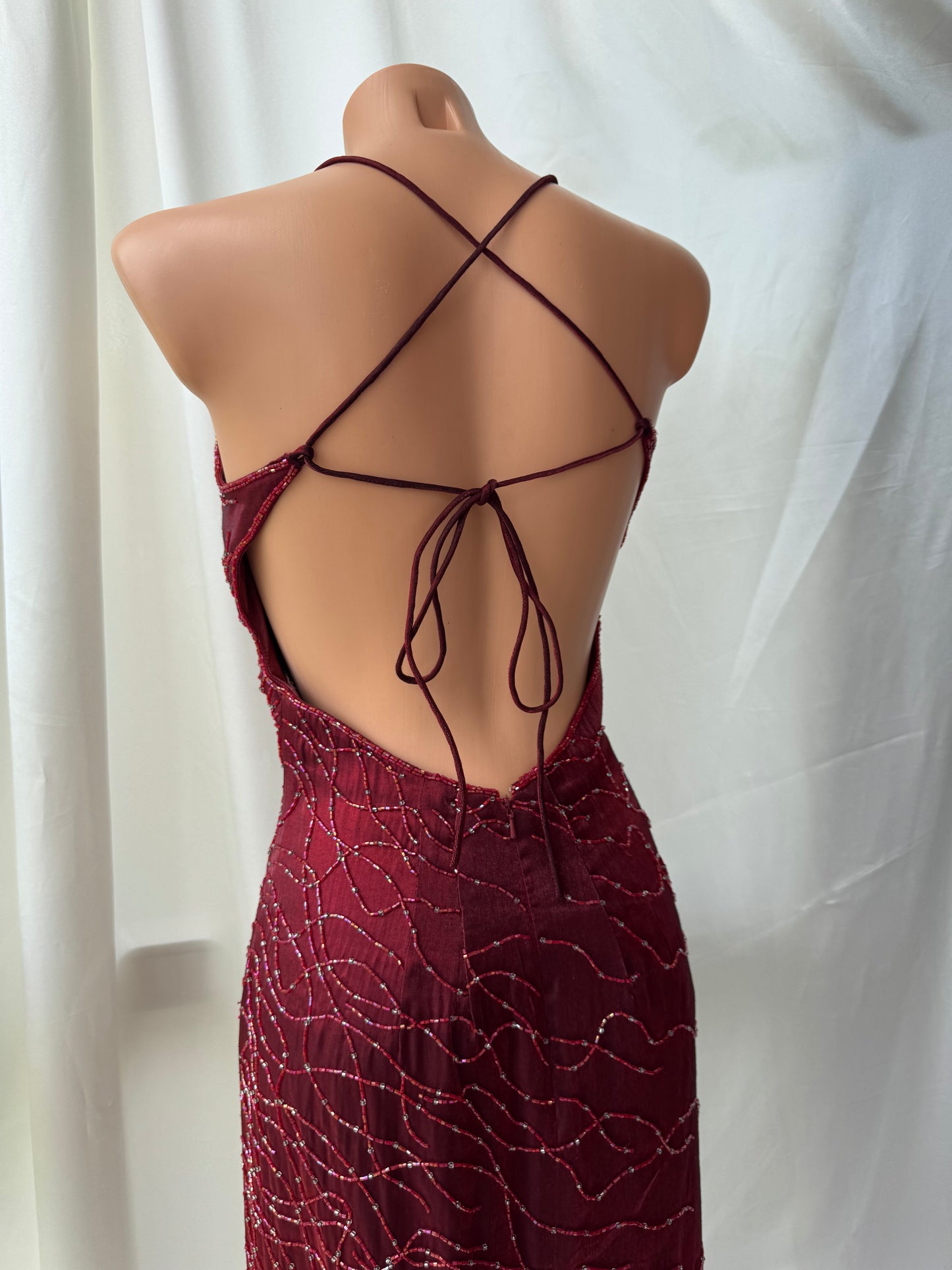 Red Flame Vampy Long Vintage Satin Beaded Gown