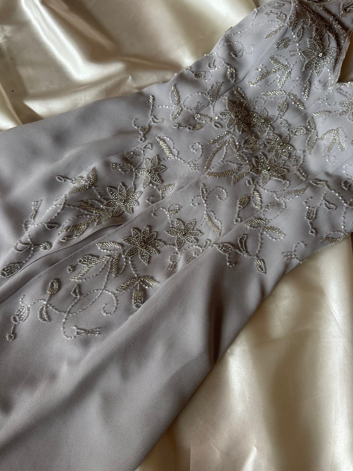 Gorgeous Gray Beaded Floral Vintage Royal Gown