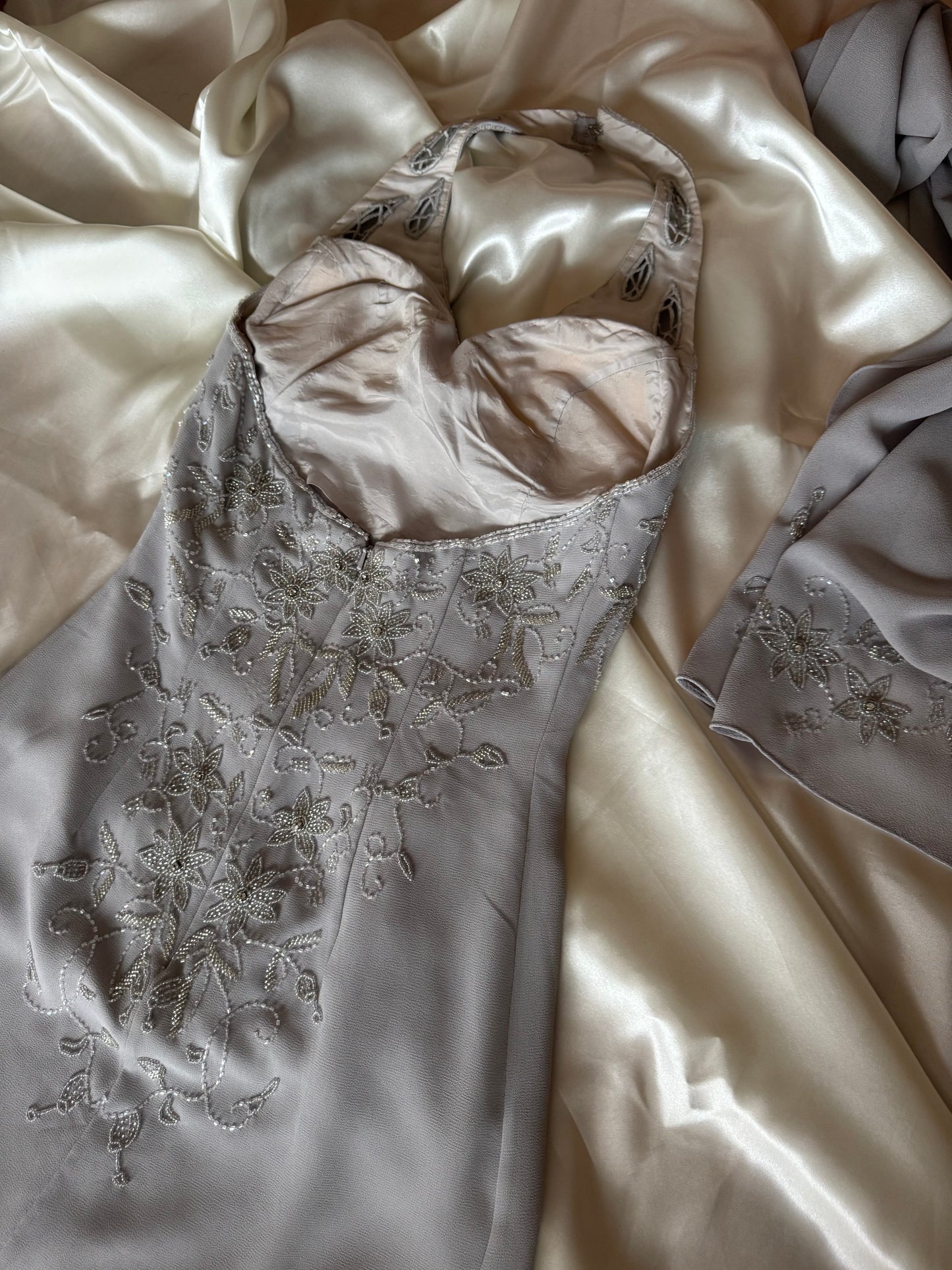 Gorgeous Gray Beaded Floral Vintage Royal Gown