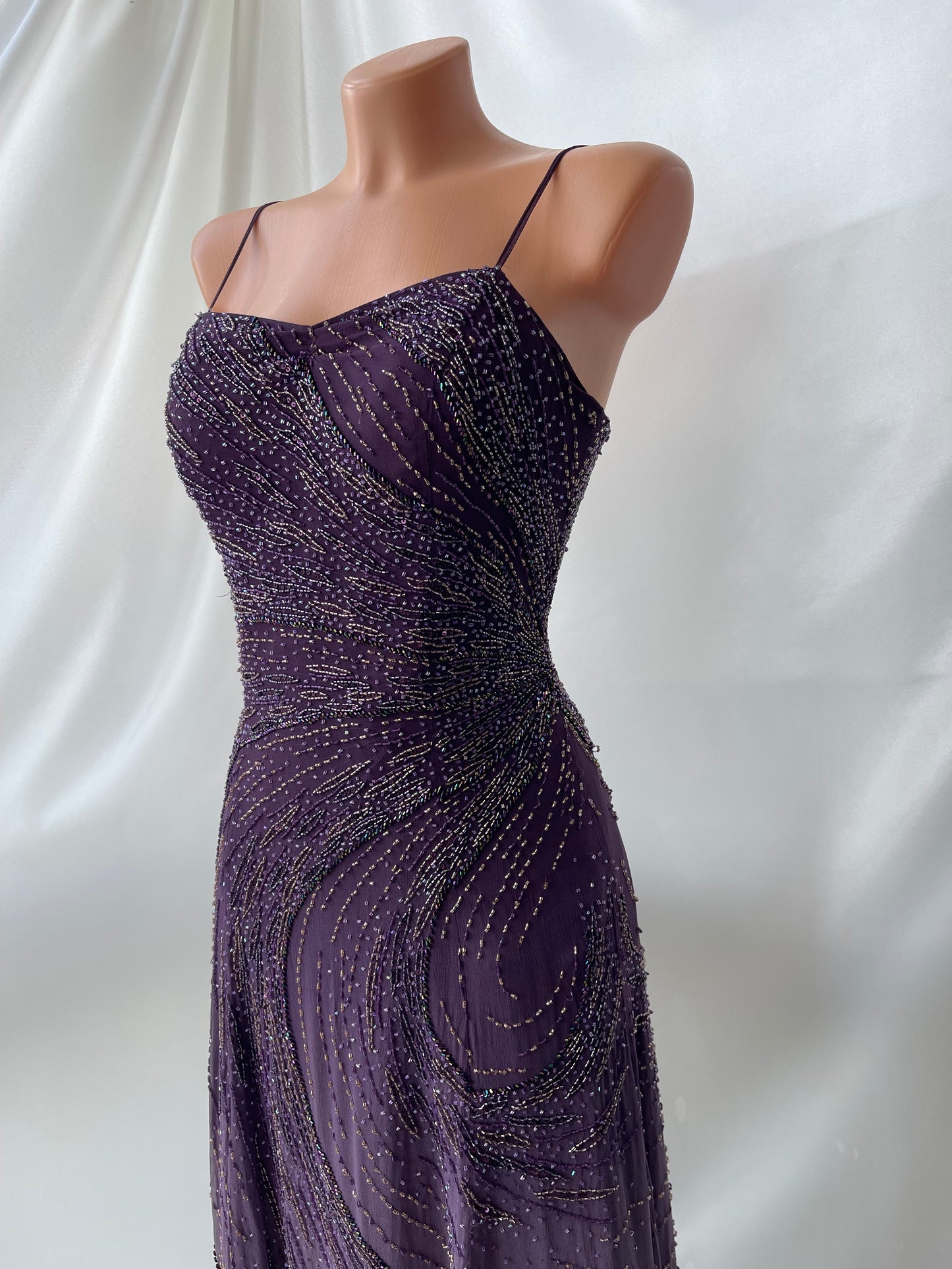 Vintage Long Purple Beaded Silk Dress