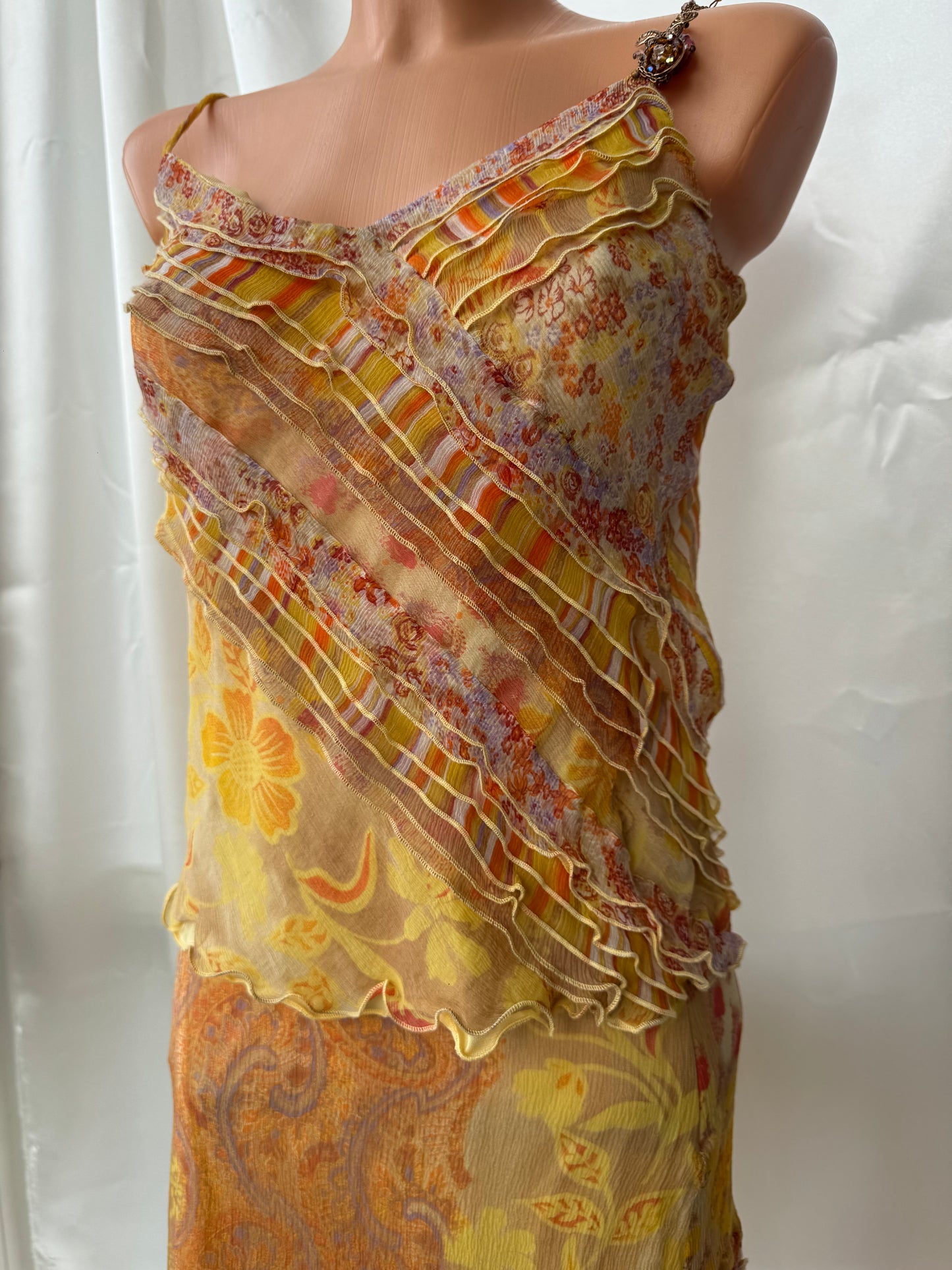 Vintage Yellow Floral & Striped Silk Skirt Set