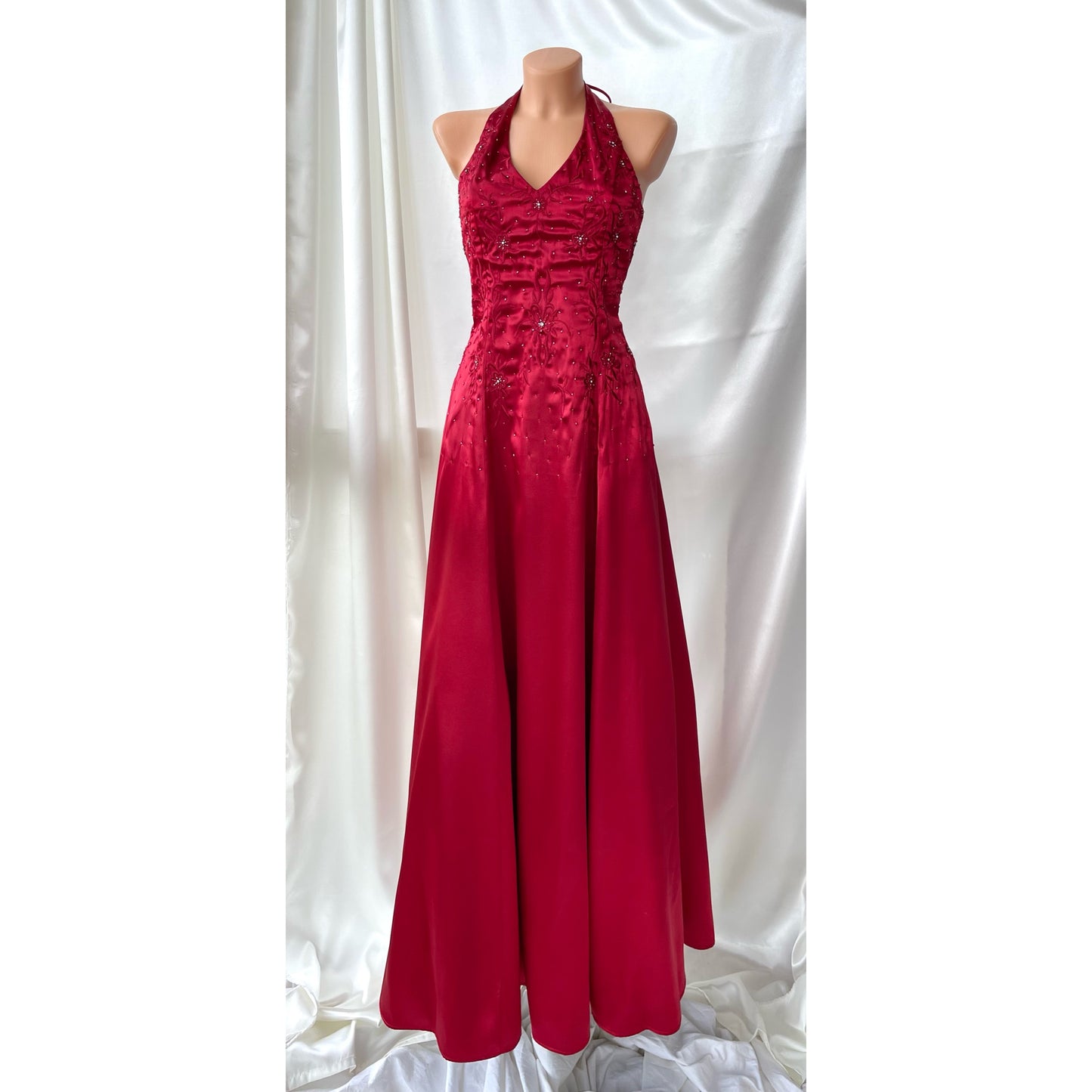 Vintage Long Red Halter Neck Satin Dress