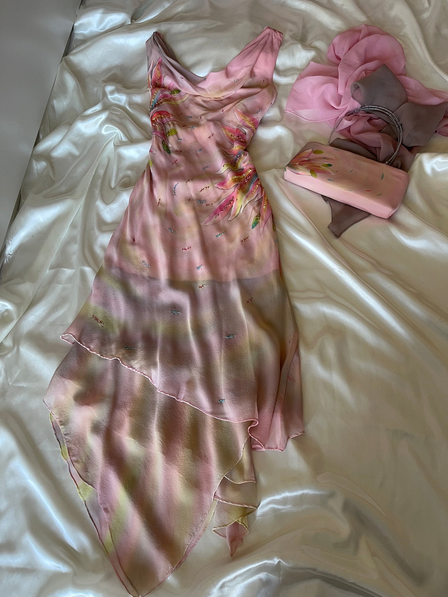 Spectacular Pink & Yellow Beaded Silk Dress
