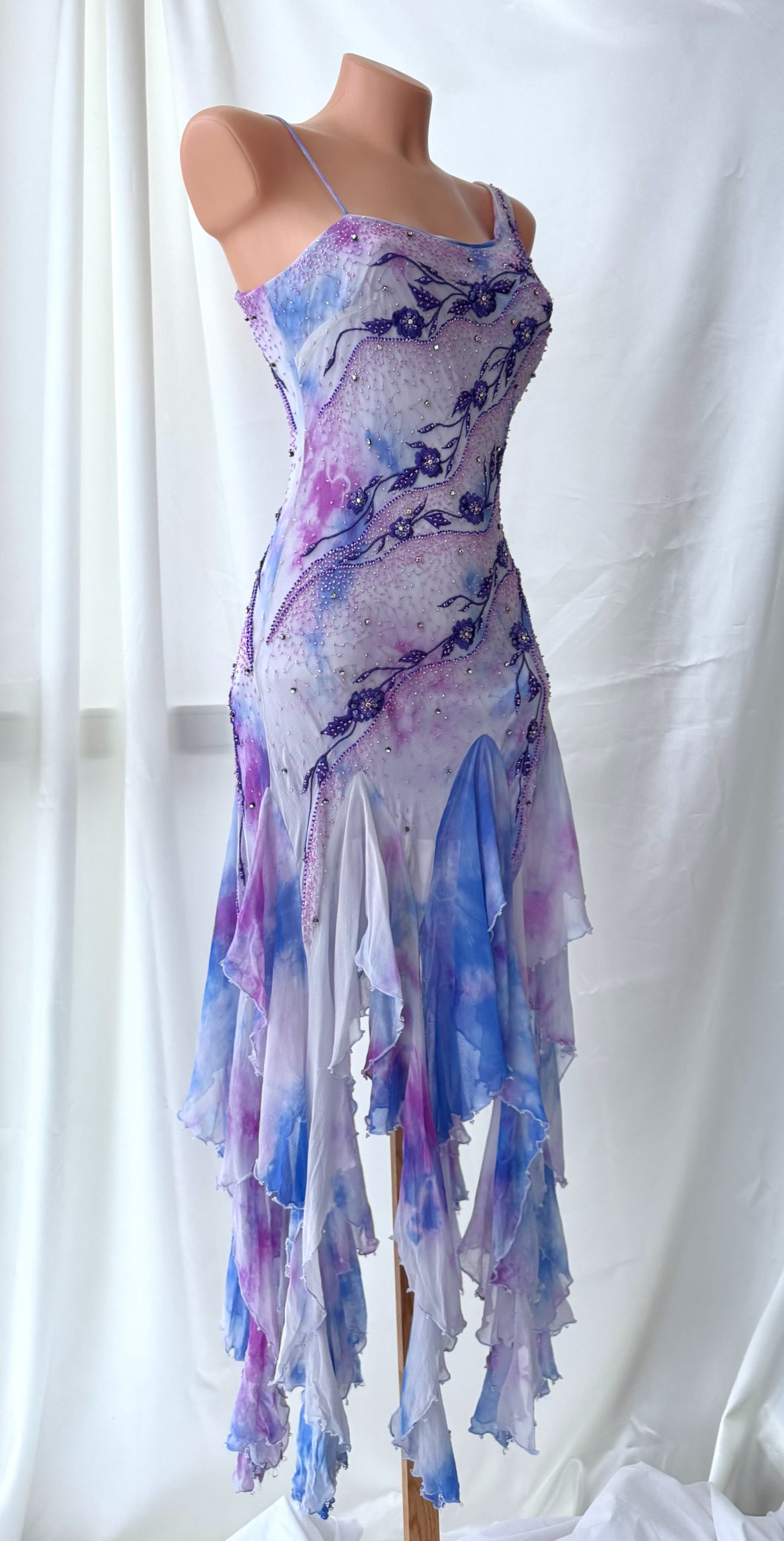 Vintage Frill Skirt Purple and White Beaded Silk Dress