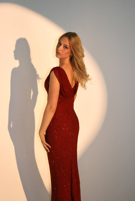 Vintage Long Red Beaded Cowl Neck Dress