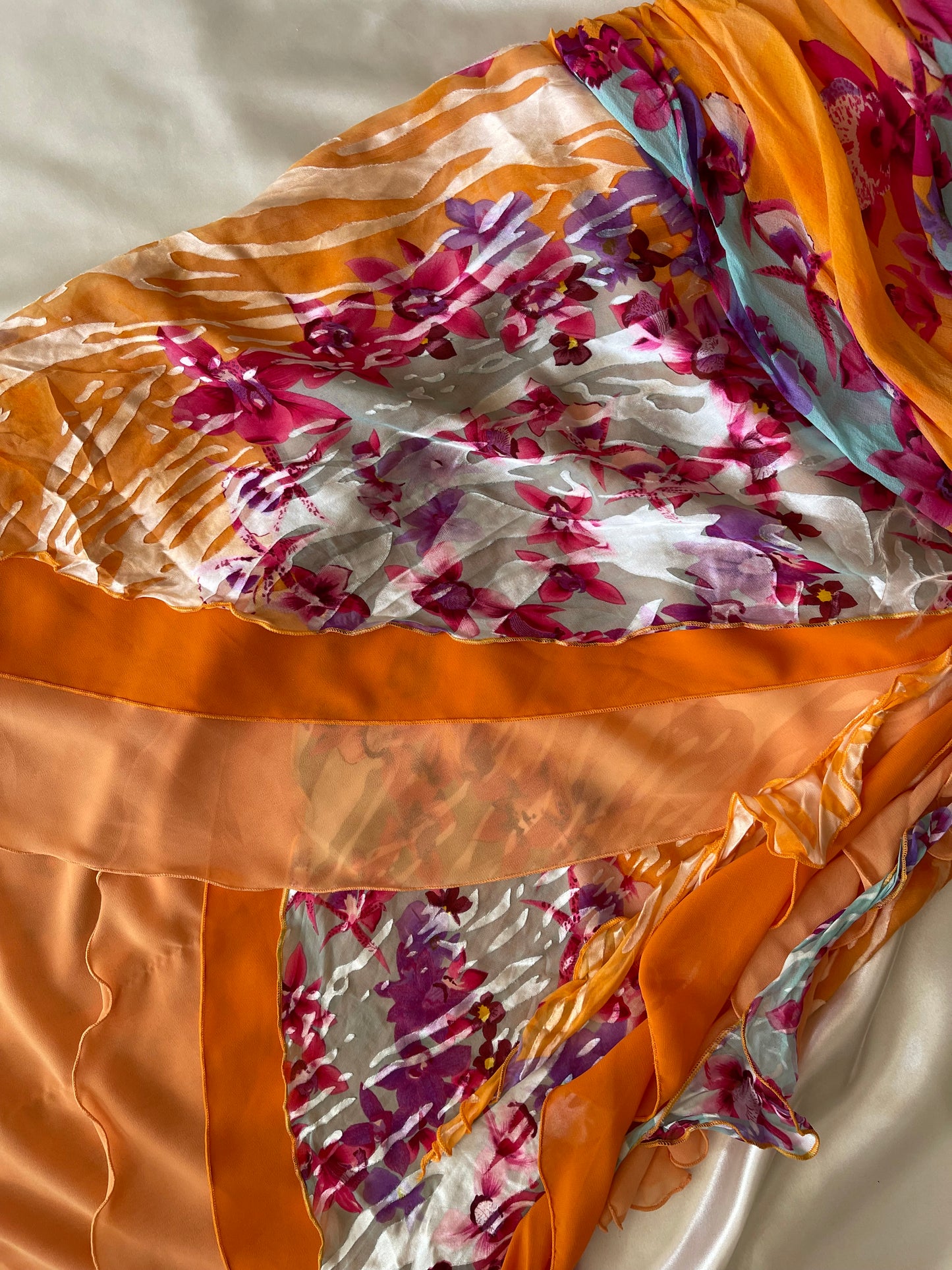 Beautiful Floral Orange Silk Vintage Dress