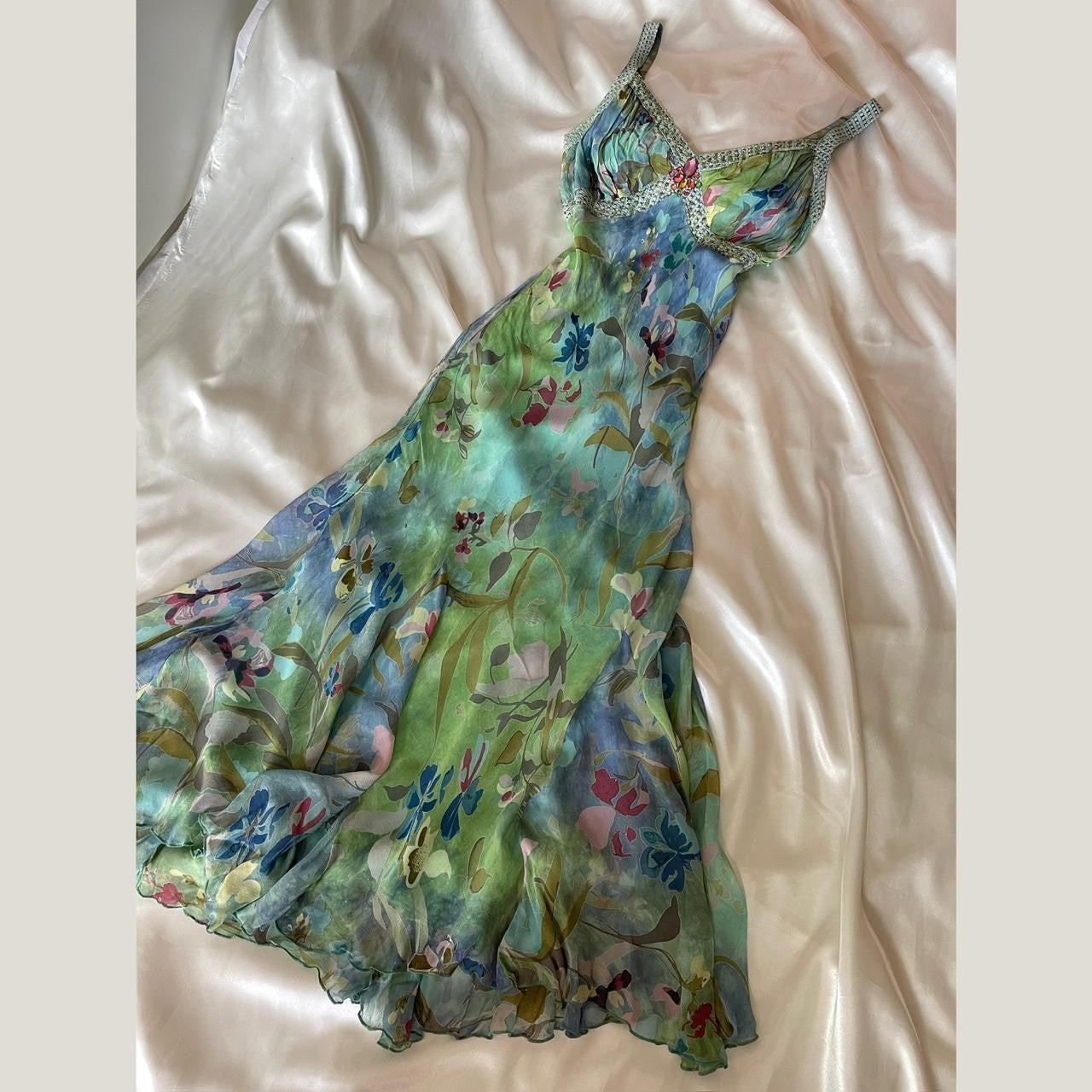 Stunning Beaded Vintage Green Flower Dress