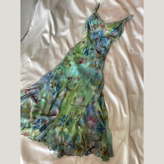 Stunning Beaded Vintage Green Flower Dress