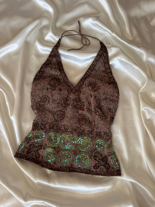 Brown Beaded Silk Vintage Top