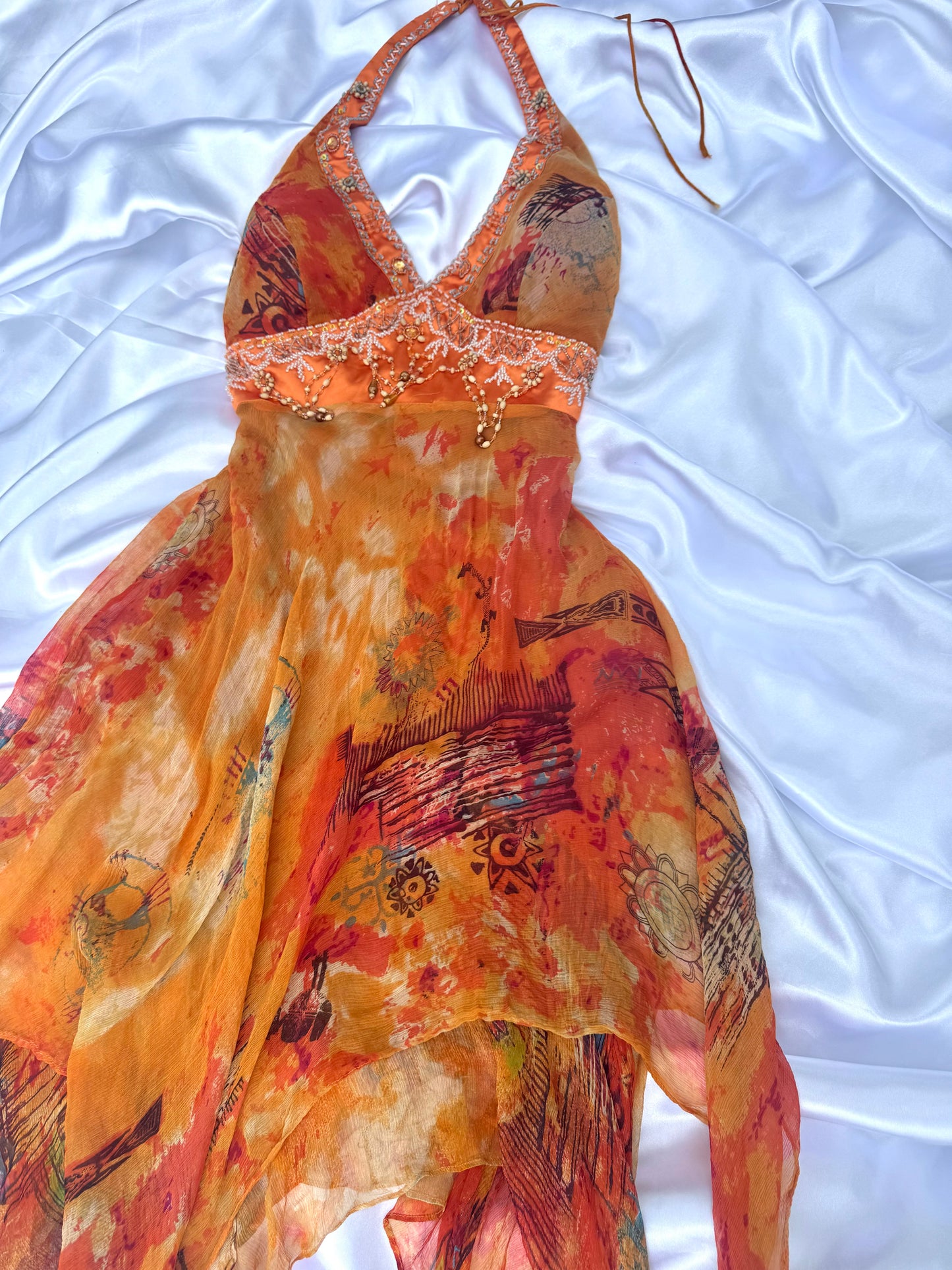 Orange Silk Beaded Vintage Dress