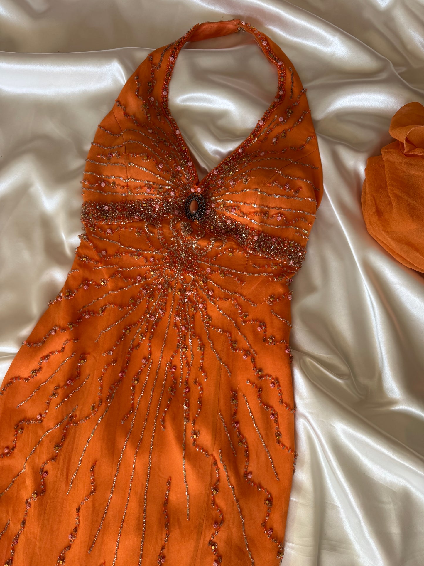 Stunning Beaded Vintage Orange Ombre Silk Dress