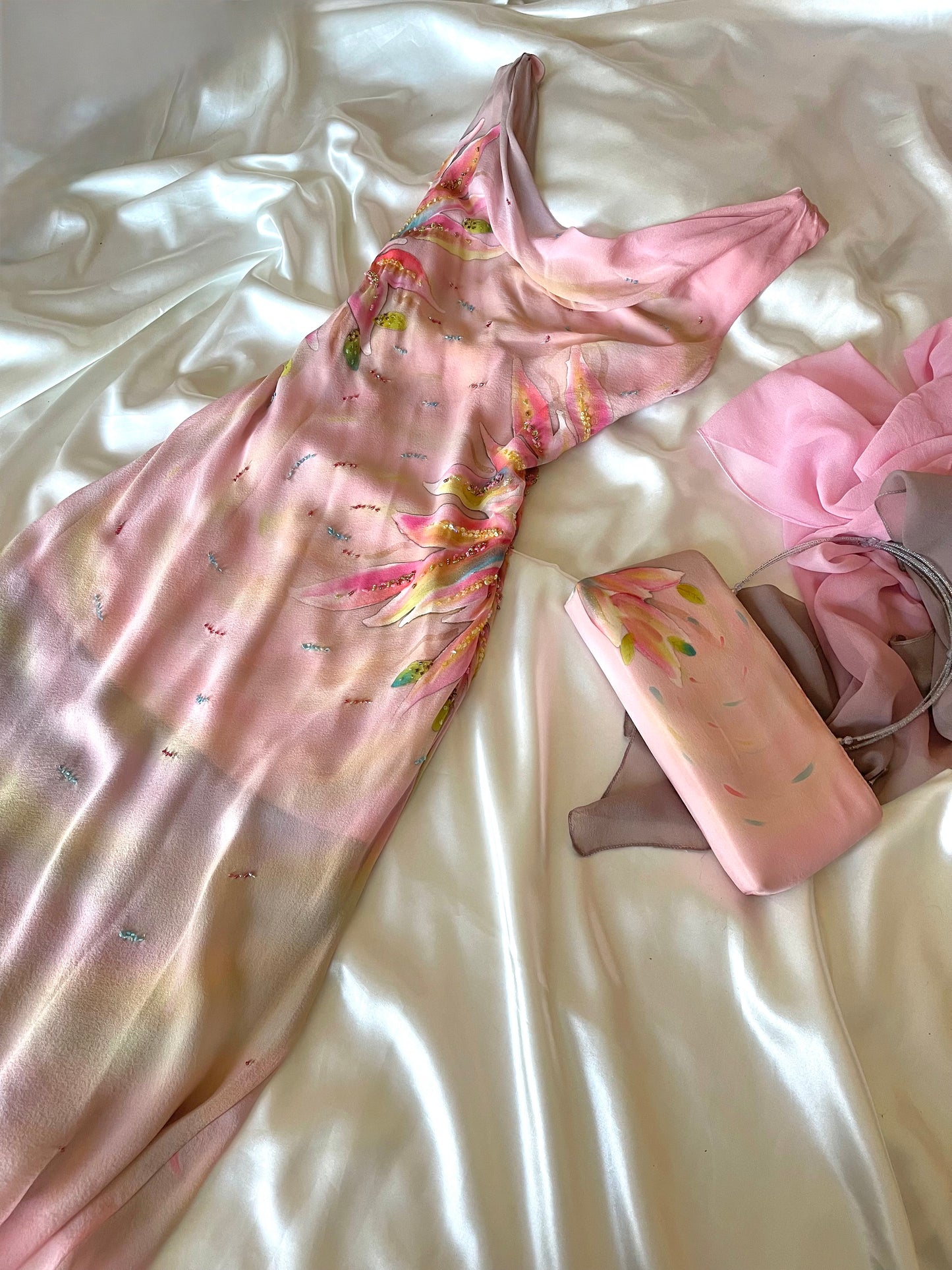 Spectacular Pink & Yellow Beaded Silk Dress