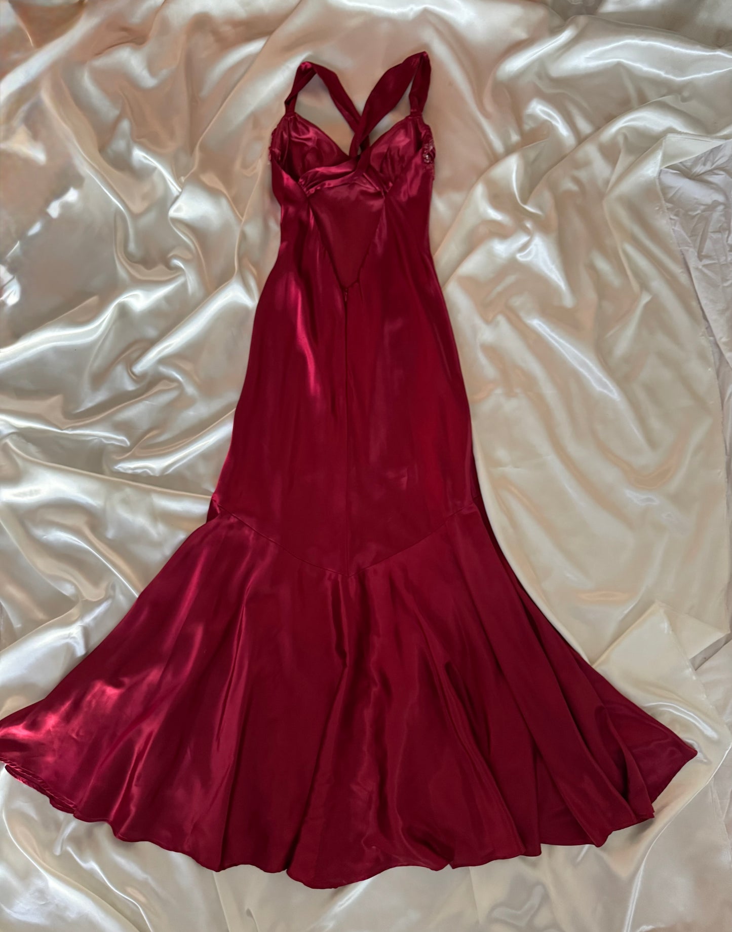 Red Vampy Long Vintage Satin Beaded Gown