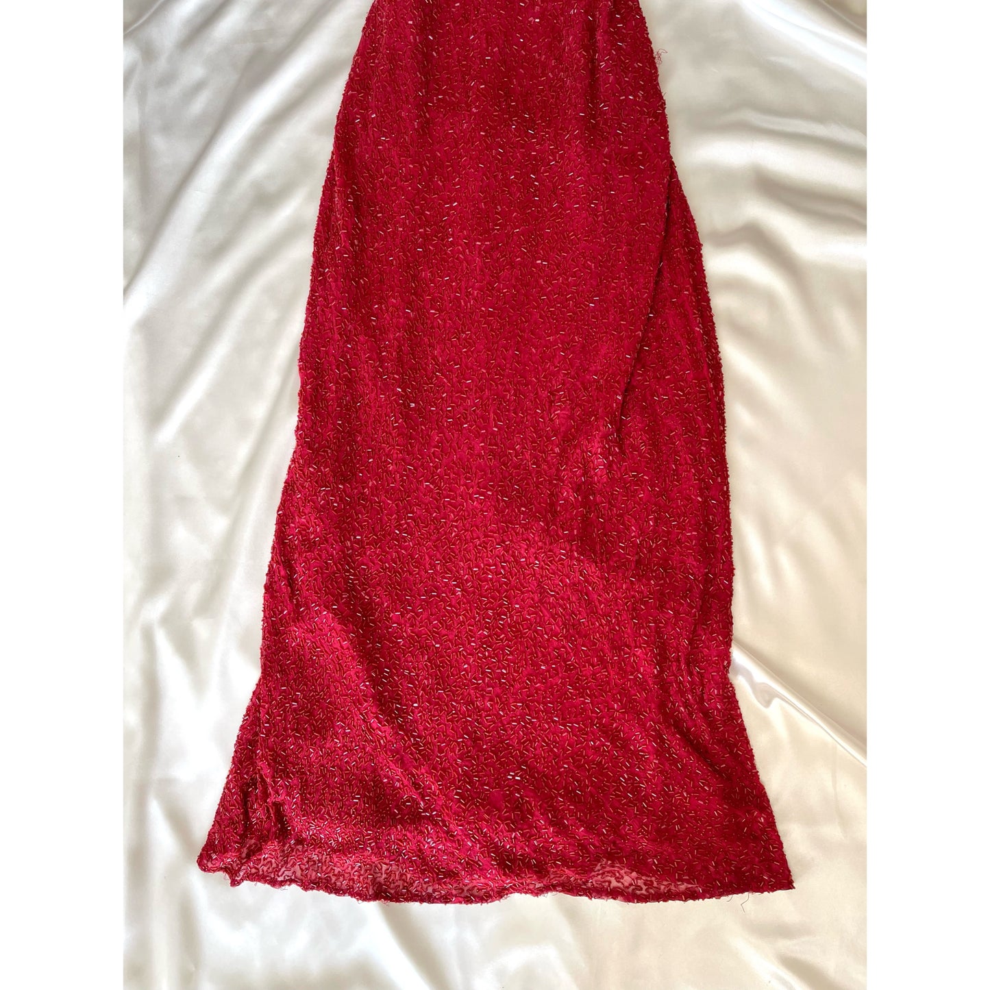 Vintage Long Red Beaded Cowl Neck Dress