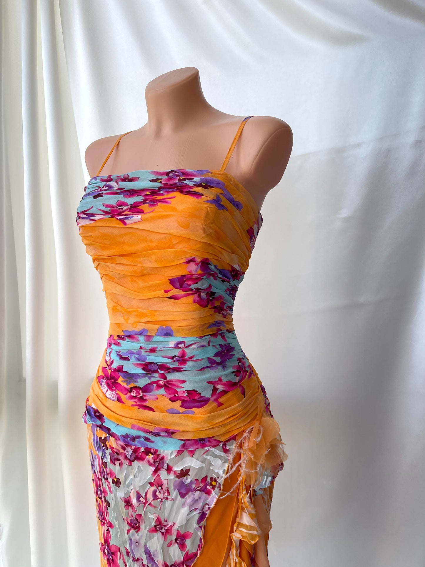 Beautiful Floral Orange Silk Vintage Dress
