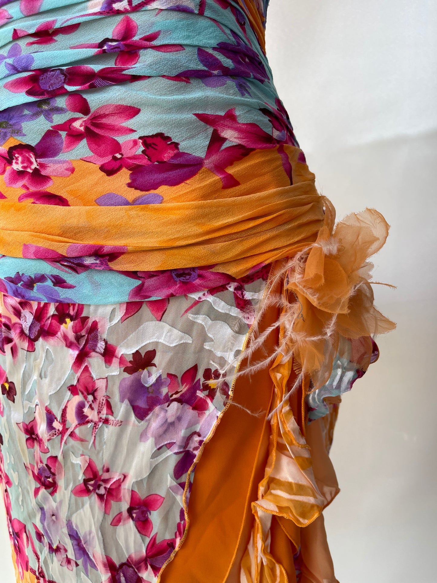 Beautiful Floral Orange Silk Vintage Dress