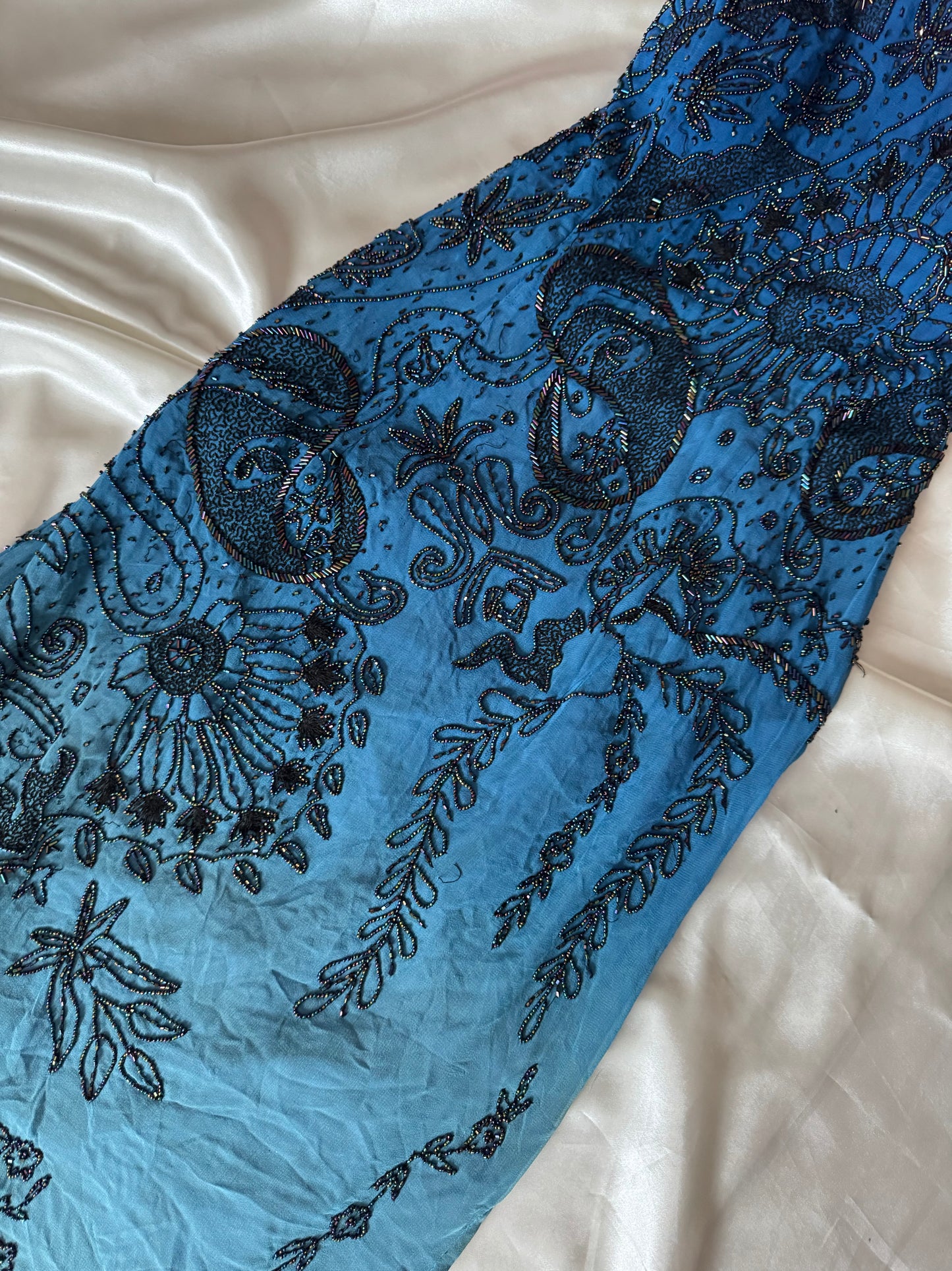 Spectacular Blue Maxi Silk Beaded Vintage Dress
