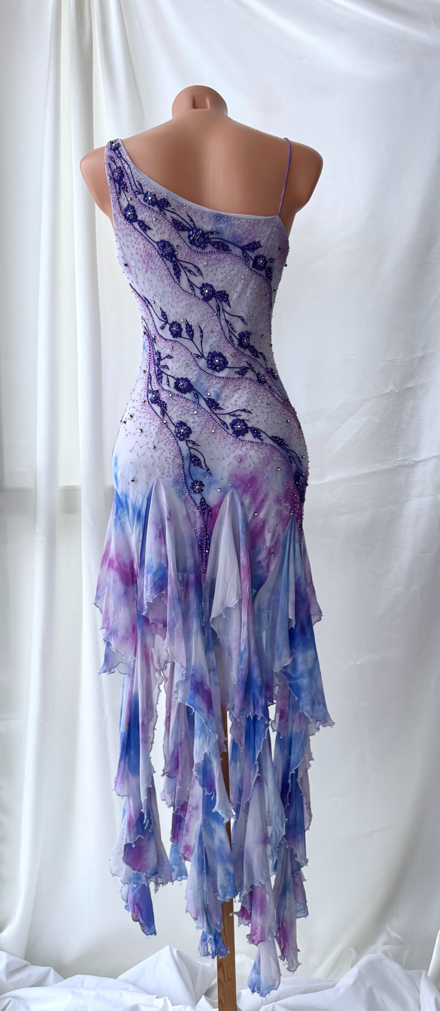 Vintage Frill Skirt Purple and White Beaded Silk Dress