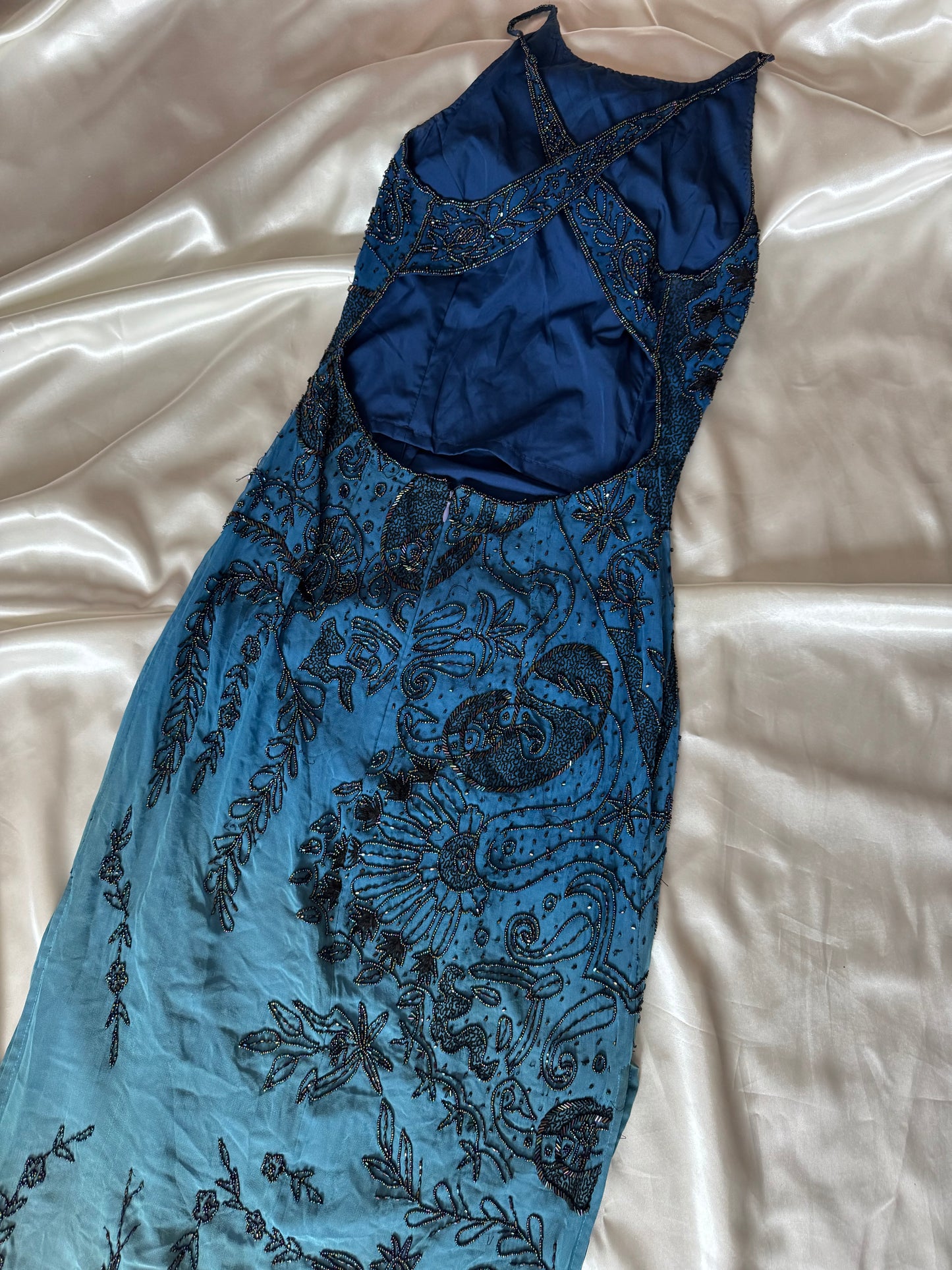 Spectacular Blue Maxi Silk Beaded Vintage Dress