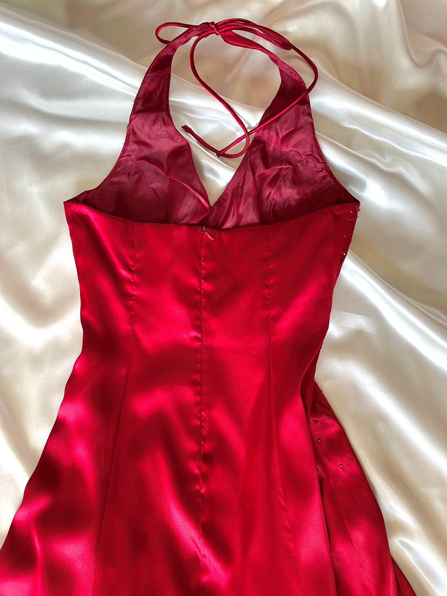 Vintage Long Red Halter Neck Satin Dress