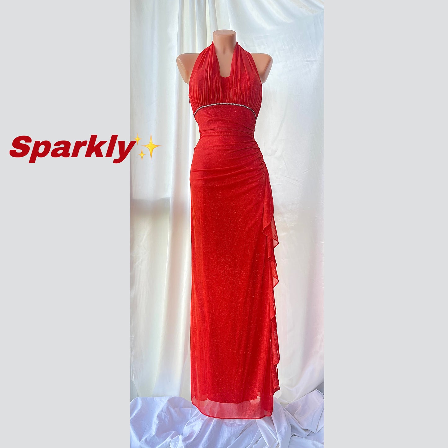 Sparkly Blood Orange Halter Neck Vintage Dress