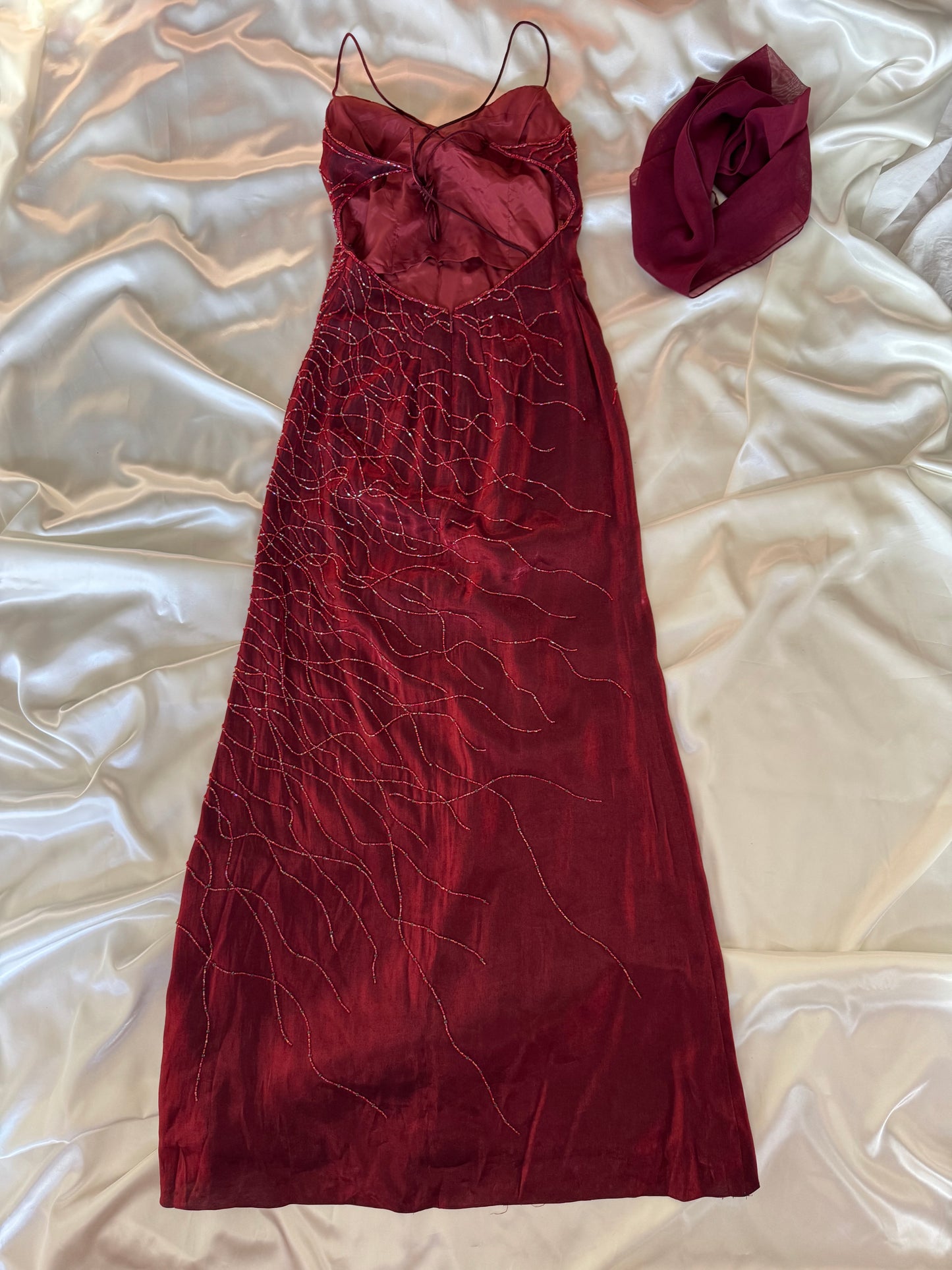 Red Flame Vampy Long Vintage Satin Beaded Gown