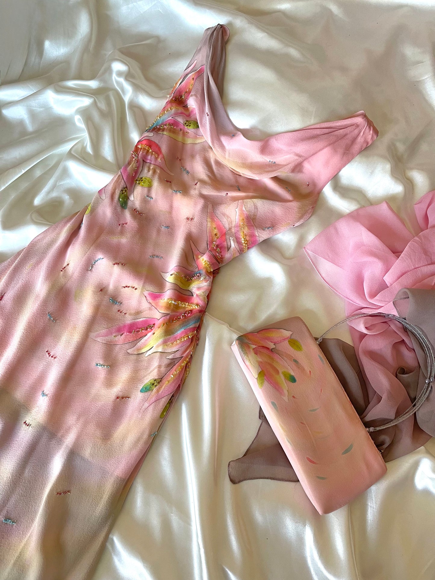 Spectacular Pink & Yellow Beaded Silk Dress