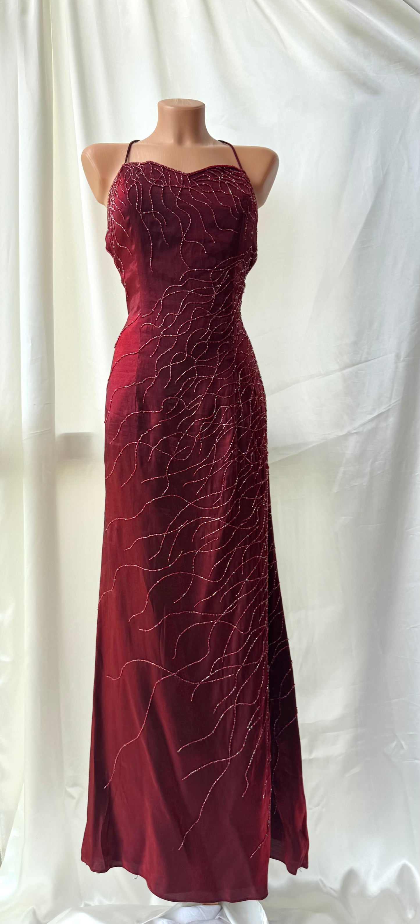Red Flame Vampy Long Vintage Satin Beaded Gown