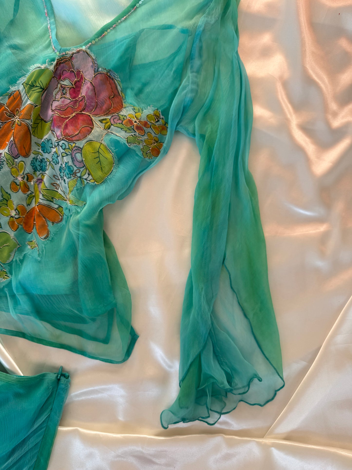 Flowy Green Blue Silk Skirt Set