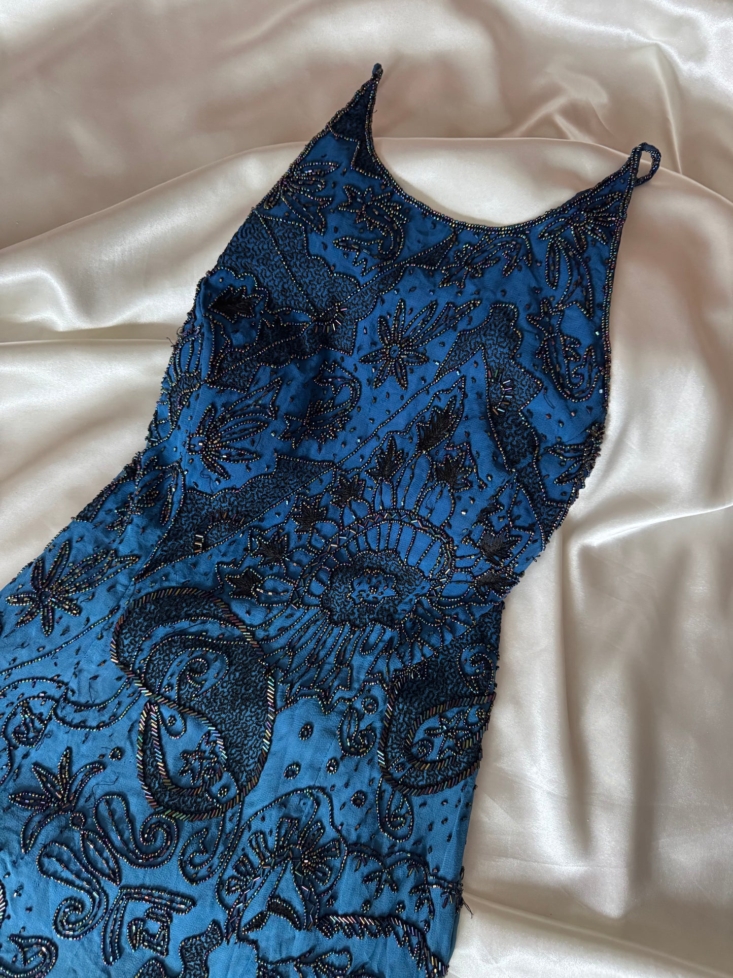 Spectacular Blue Maxi Silk Beaded Vintage Dress