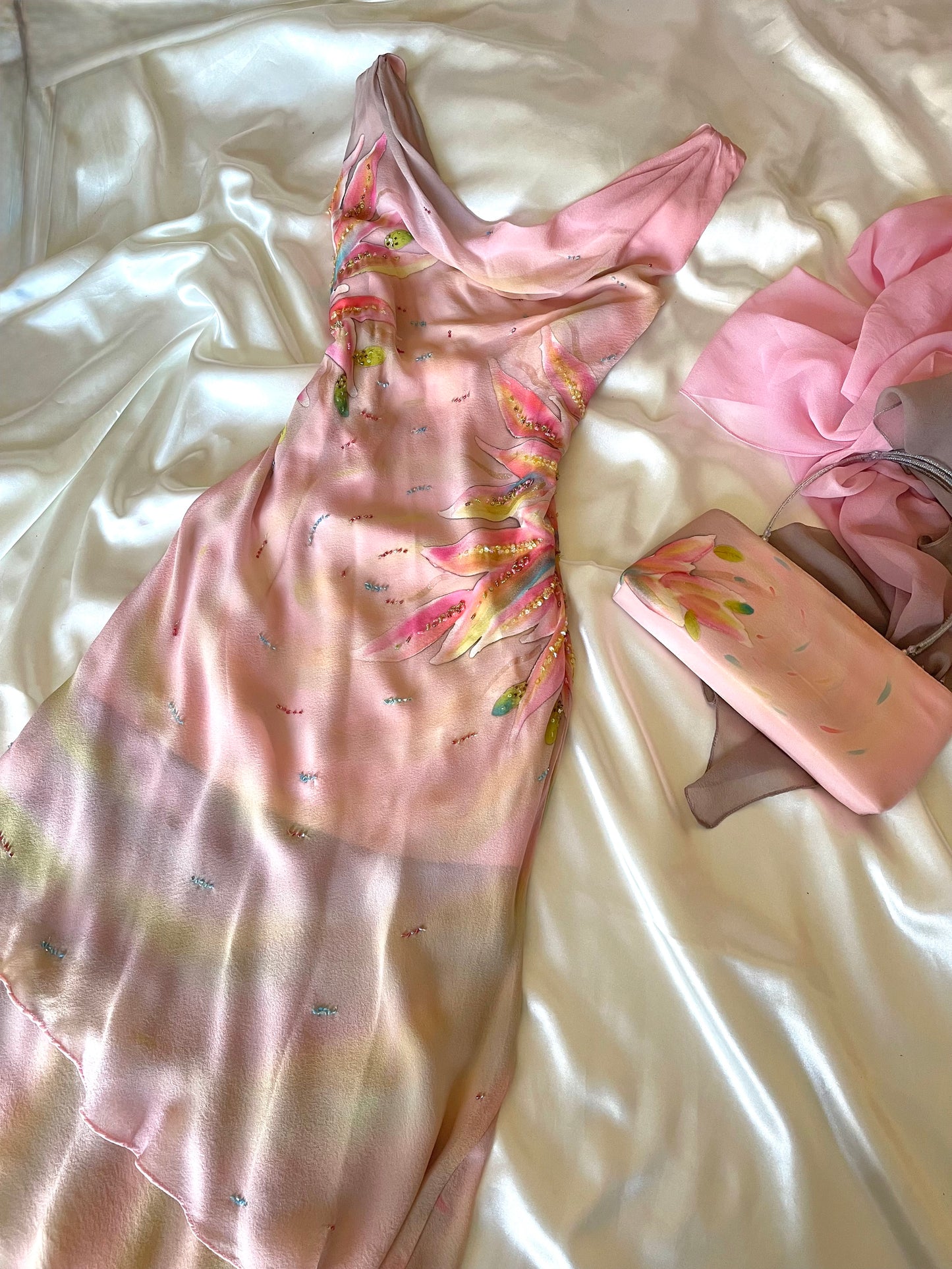 Spectacular Pink & Yellow Beaded Silk Dress