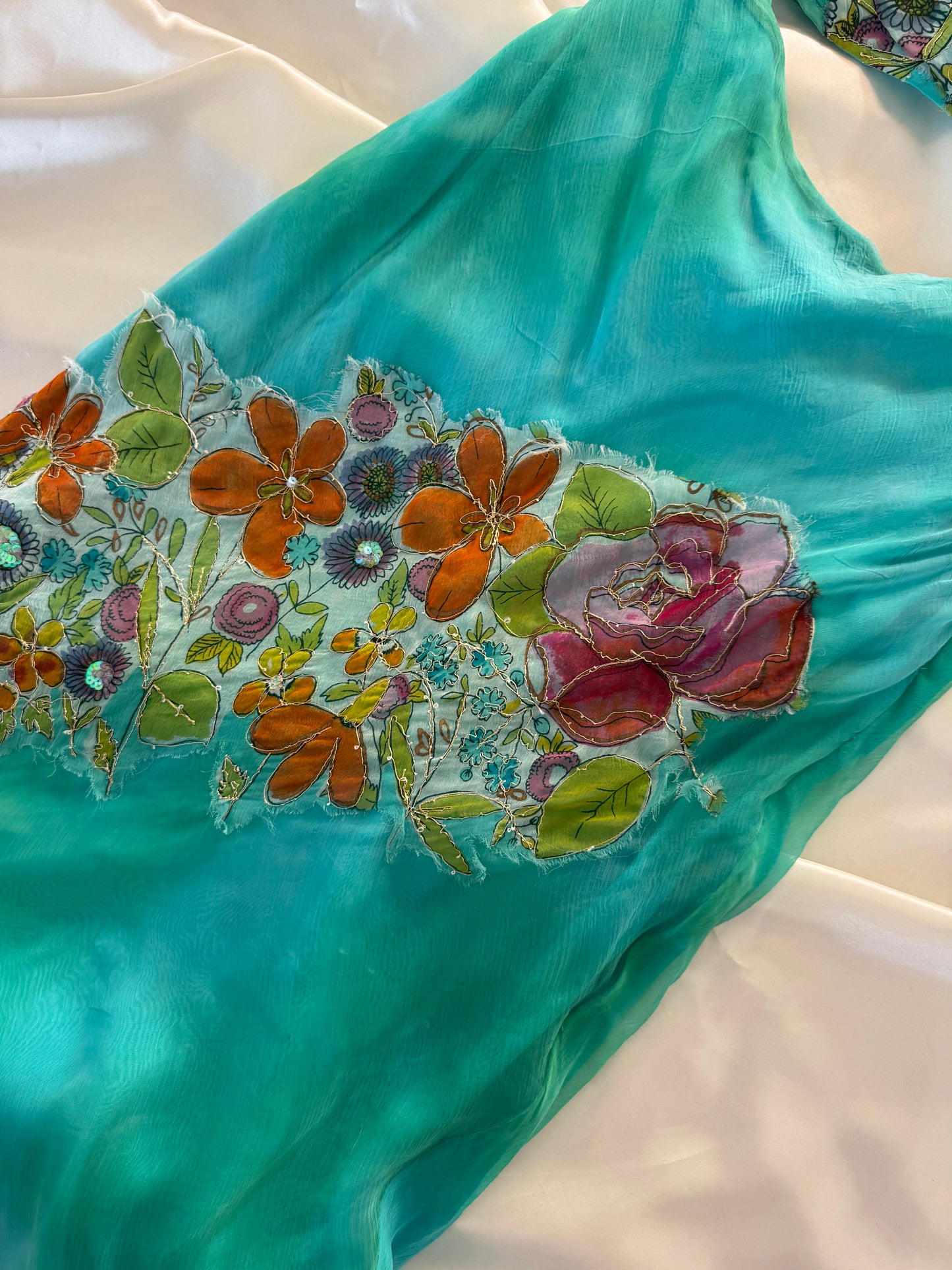 Flowy Green Blue Silk Skirt Set